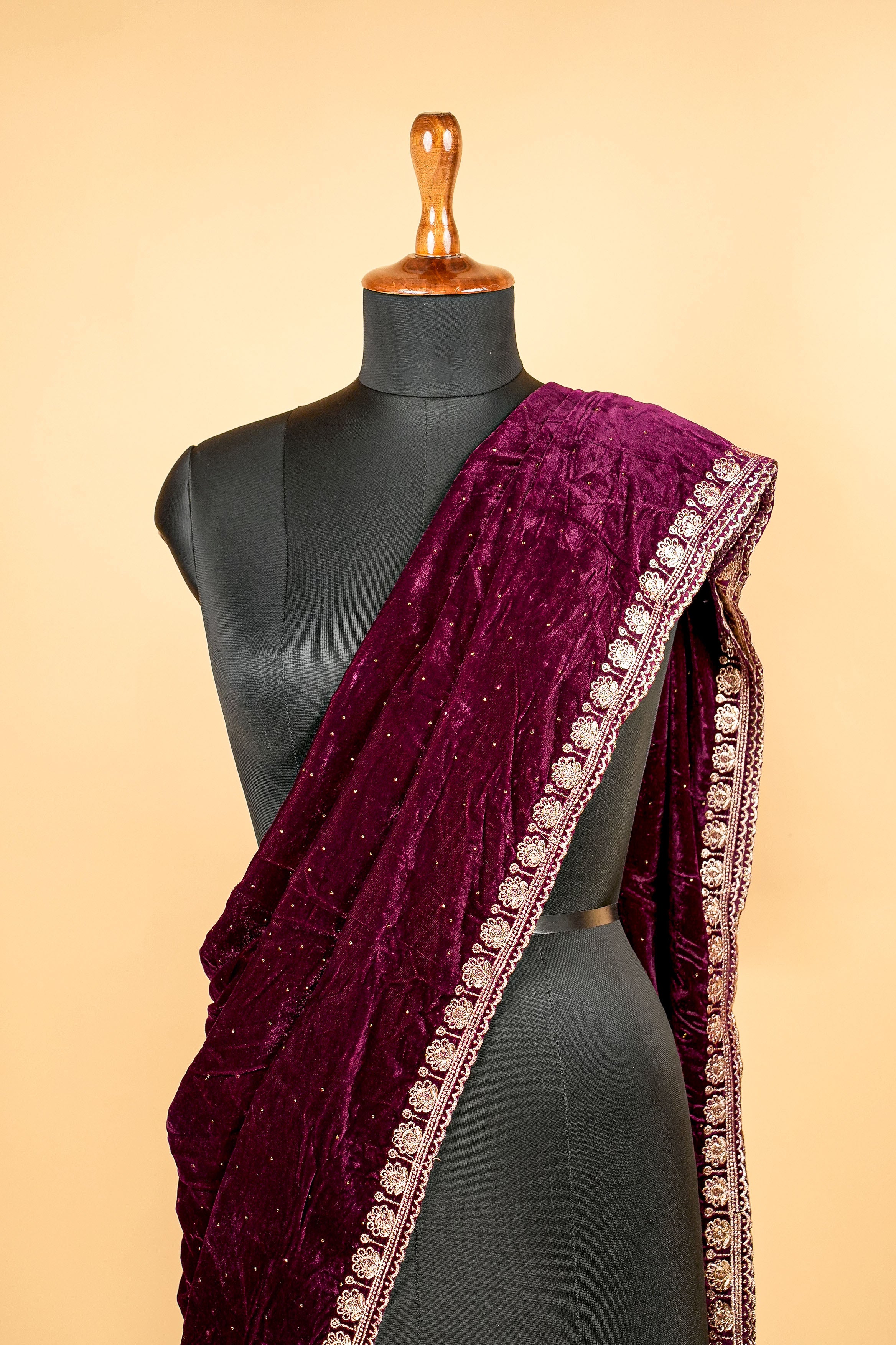 Wine Dupatta with Zari Threadwork Border and Swarvaski Work Allover