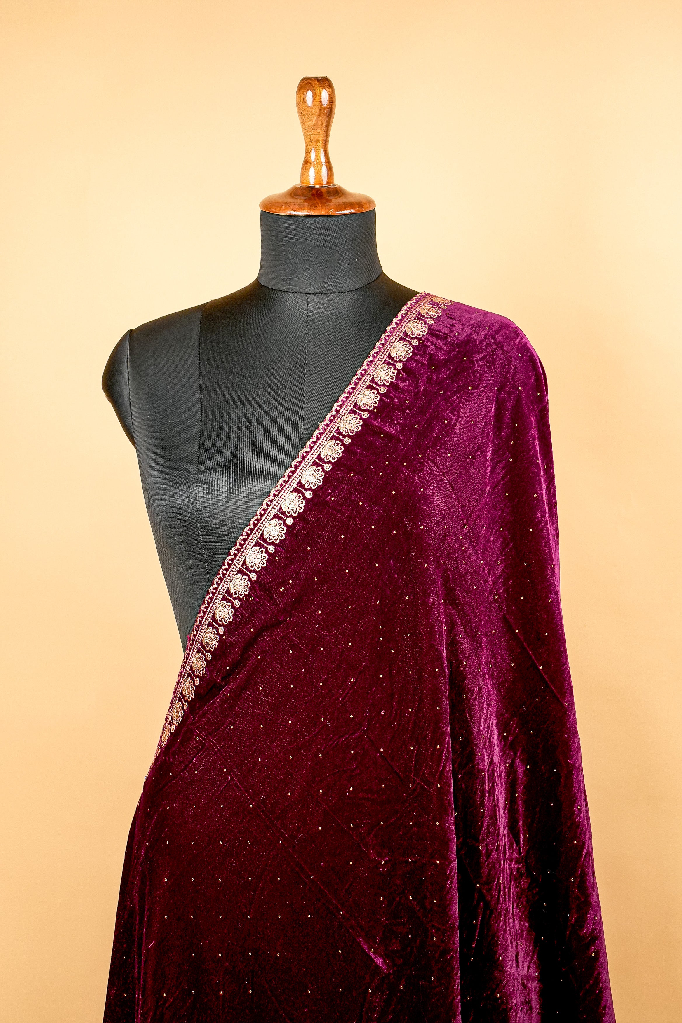 Wine Dupatta with Zari Threadwork Border and Swarvaski Work Allover