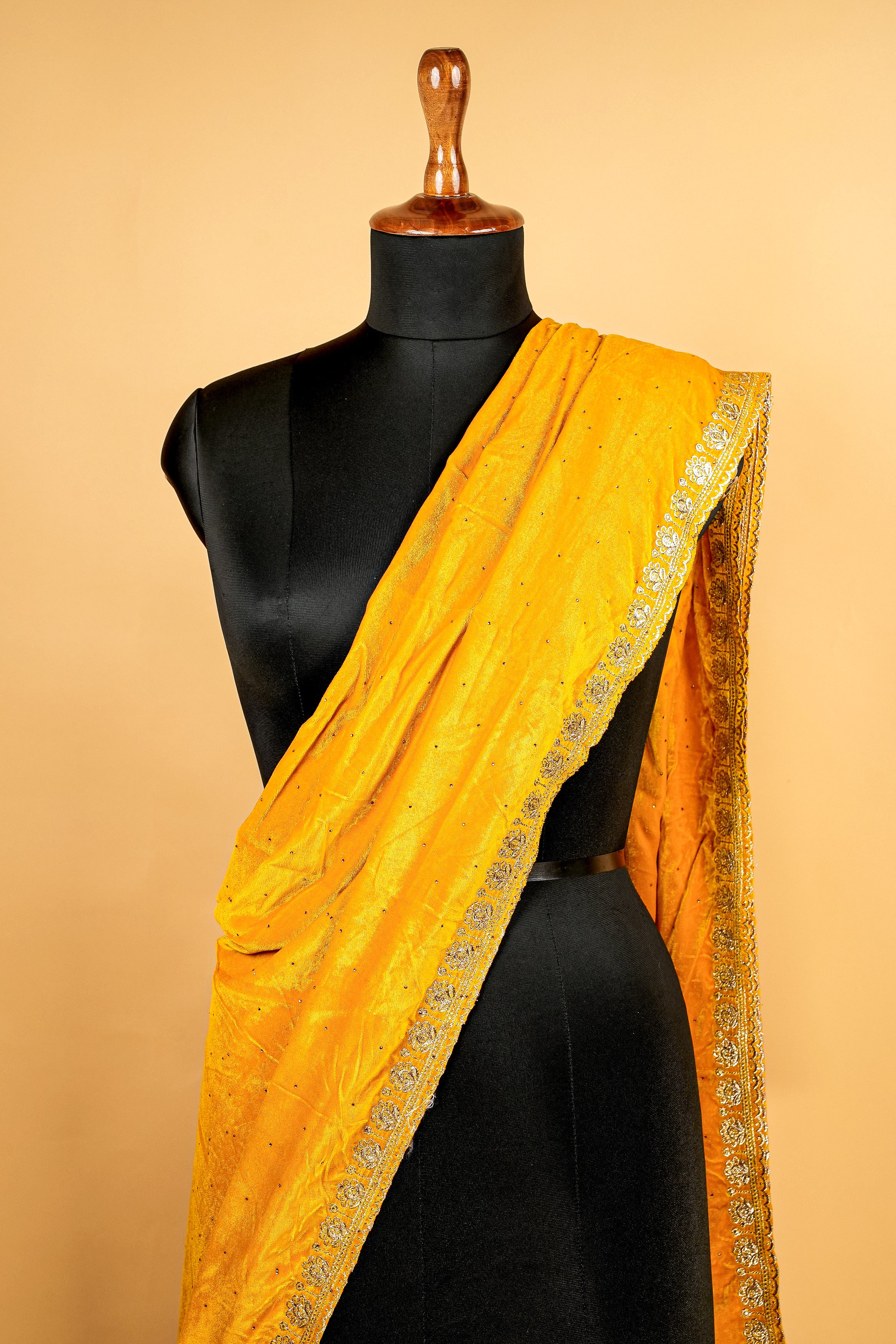 Mustard Dupatta with Zari Threadwork Border and Swarvaski Work Allover