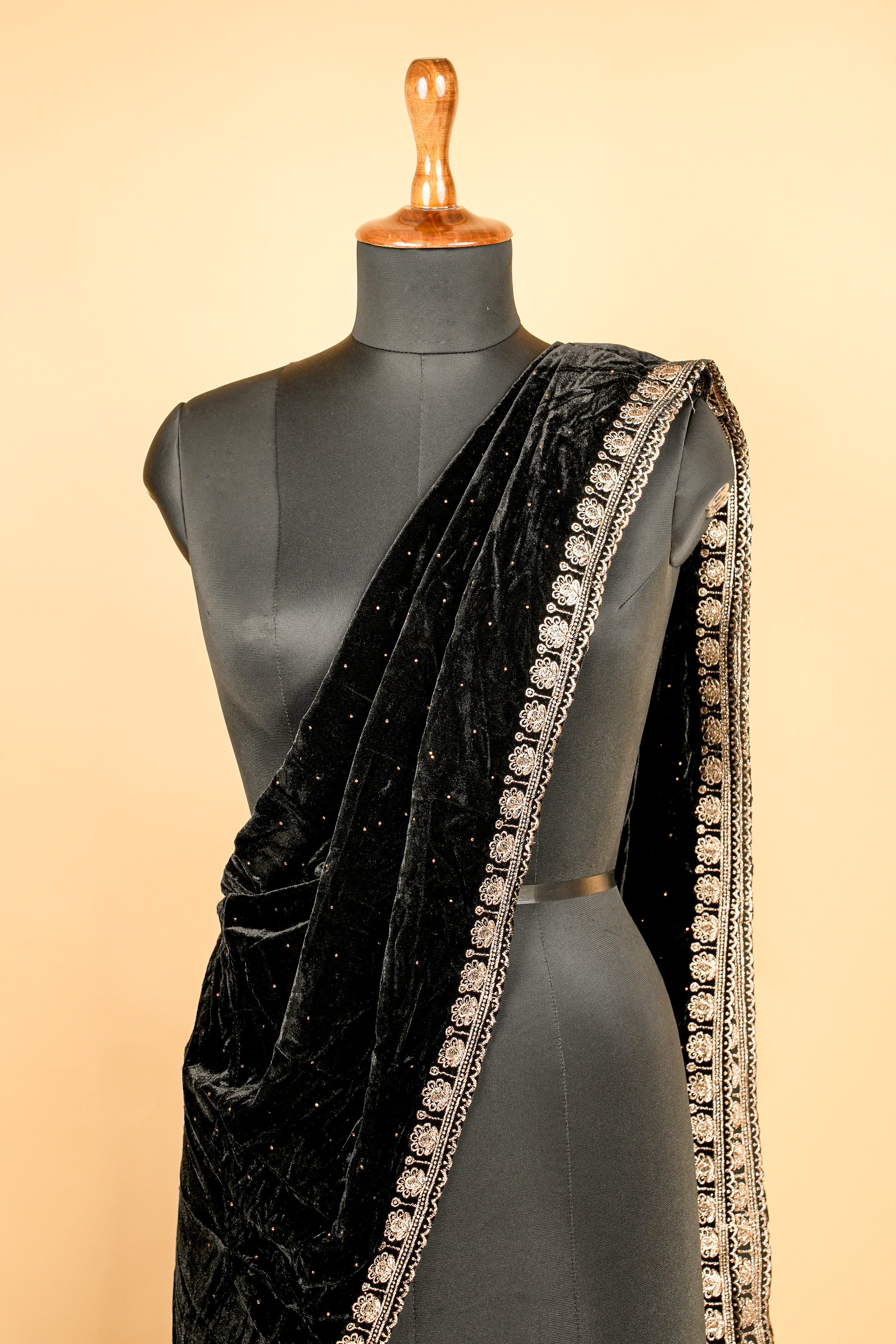 Black Dupatta with Zari Threadwork Border and Swarvaski Work Allover