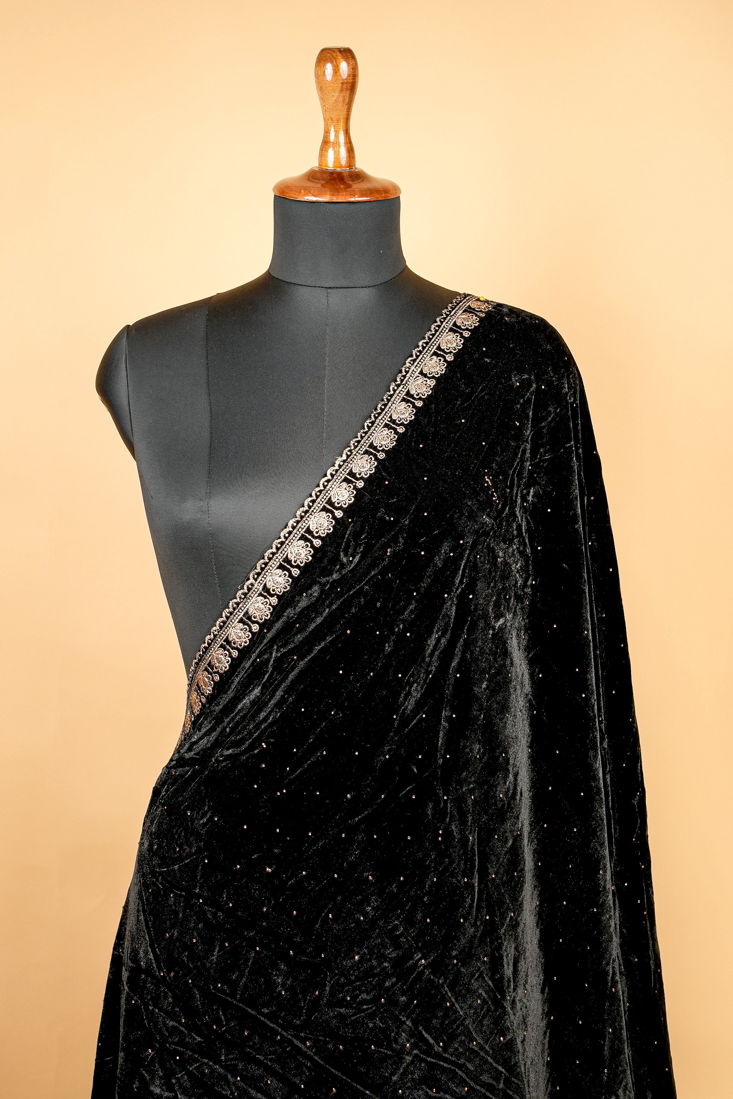 Black Dupatta with Zari Threadwork Border and Swarvaski Work Allover