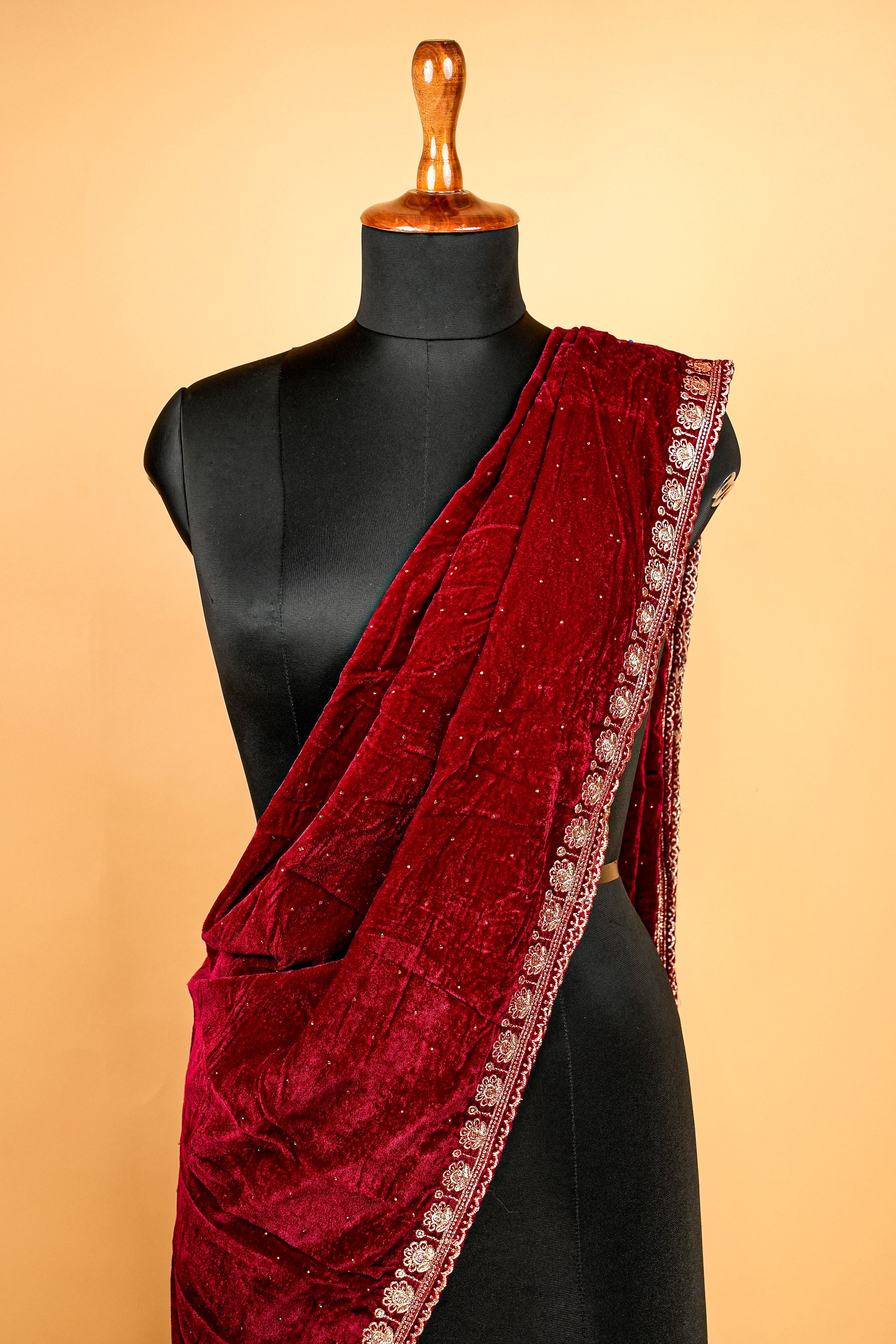 Deep Maroon Dupatta with Zari Threadwork Border and Swarvaski Work Allover