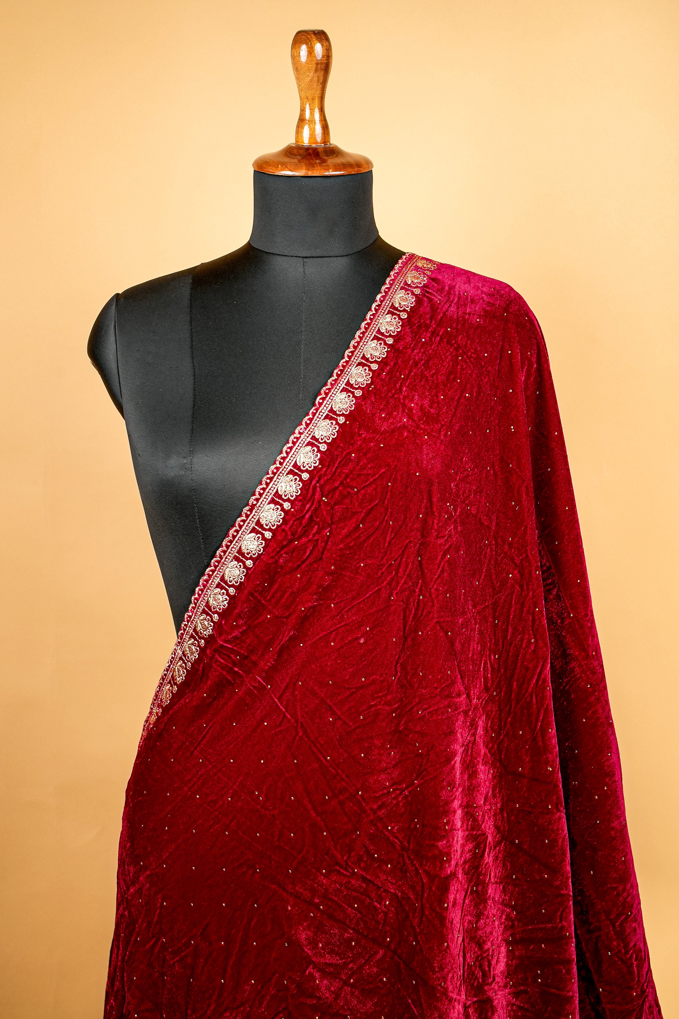 Deep Maroon Dupatta with Zari Threadwork Border and Swarvaski Work Allover