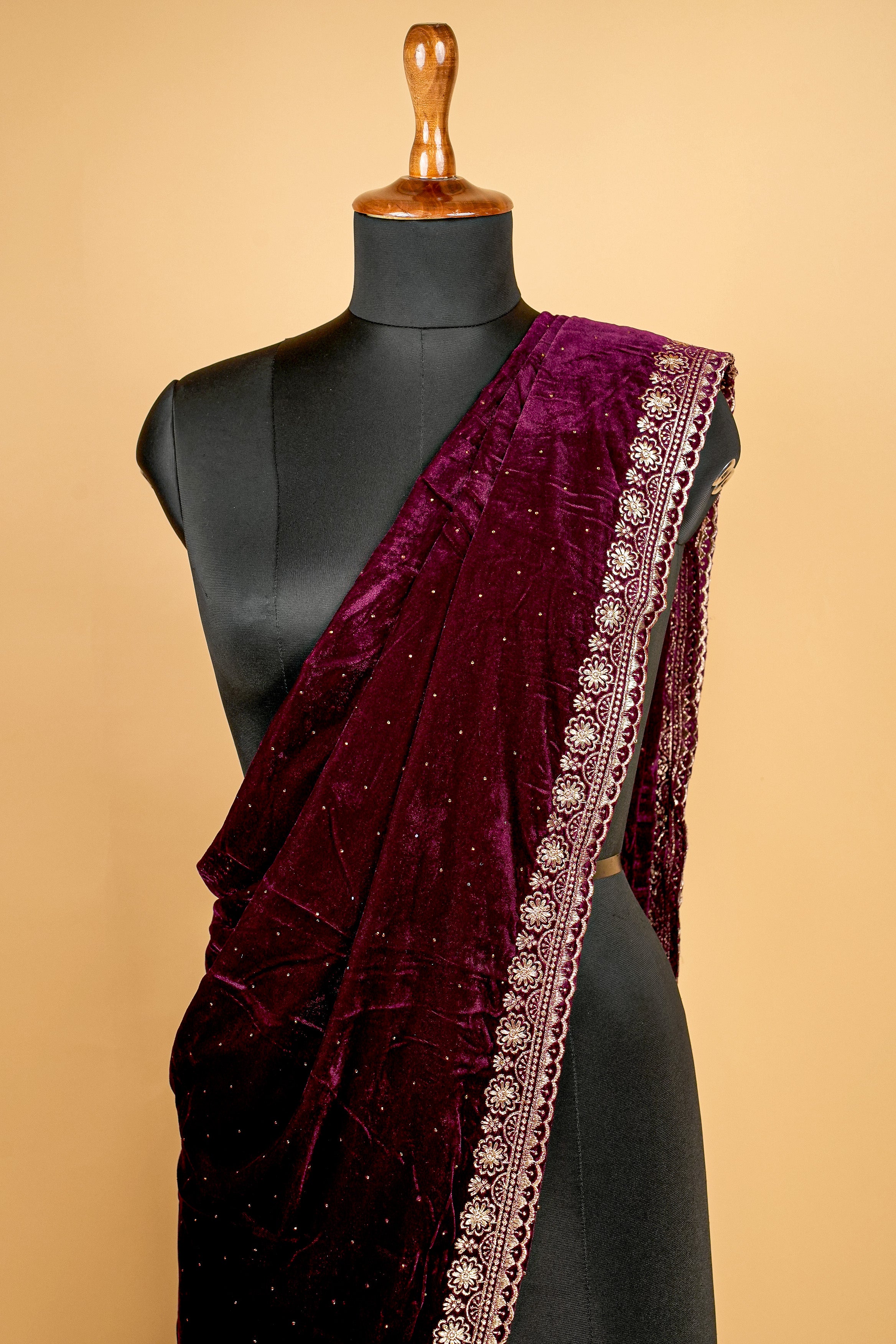 Wine Dupatta with Zari Threadwork Border and Swarvaski Work Allover