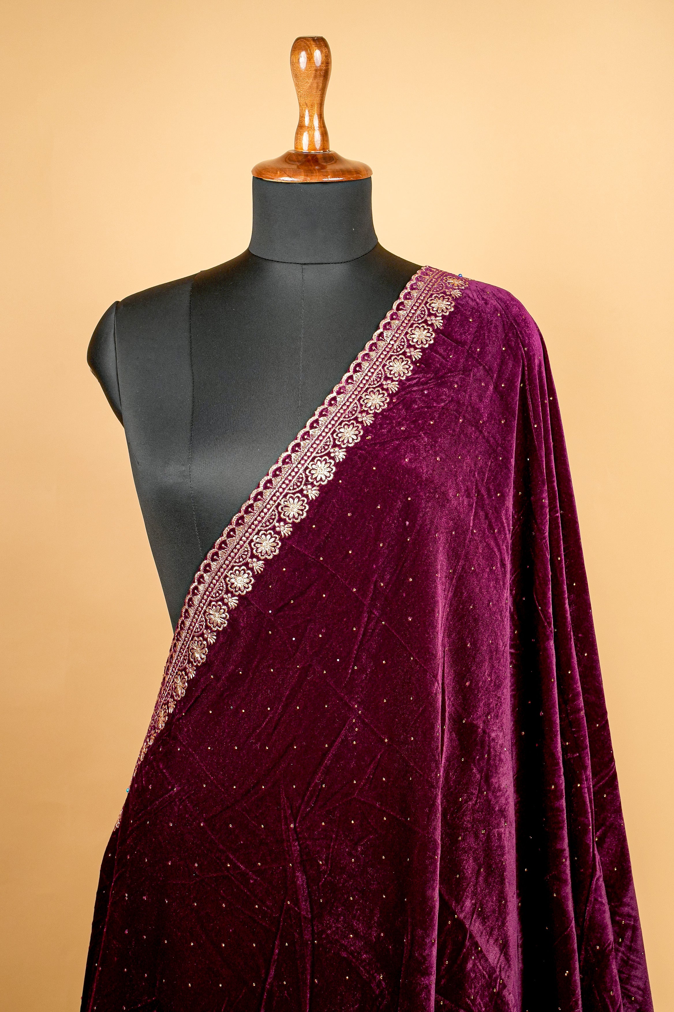 Wine Dupatta with Zari Threadwork Border and Swarvaski Work Allover