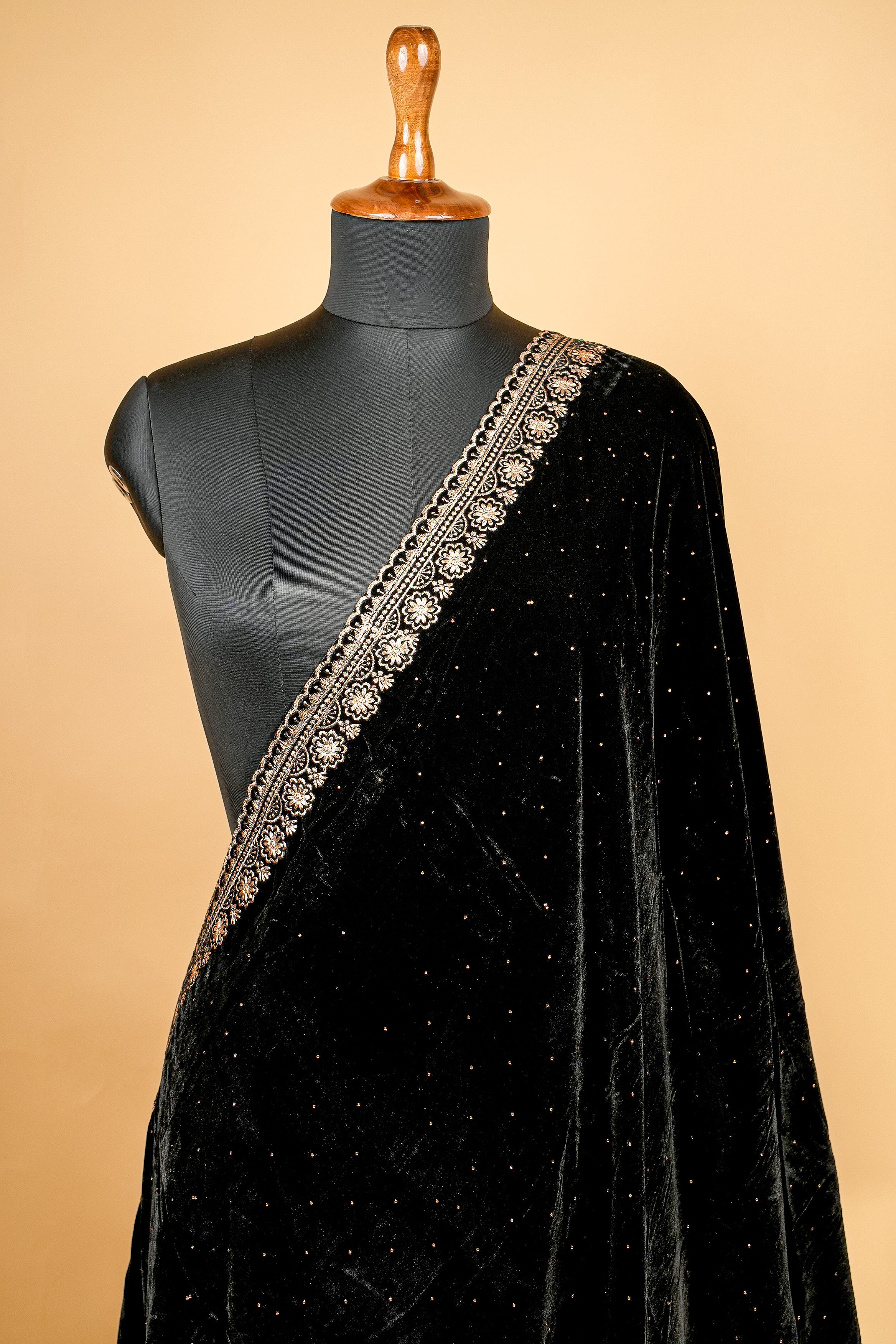 Black Dupatta with Zari Threadwork Border and Swarvaski Work Allover