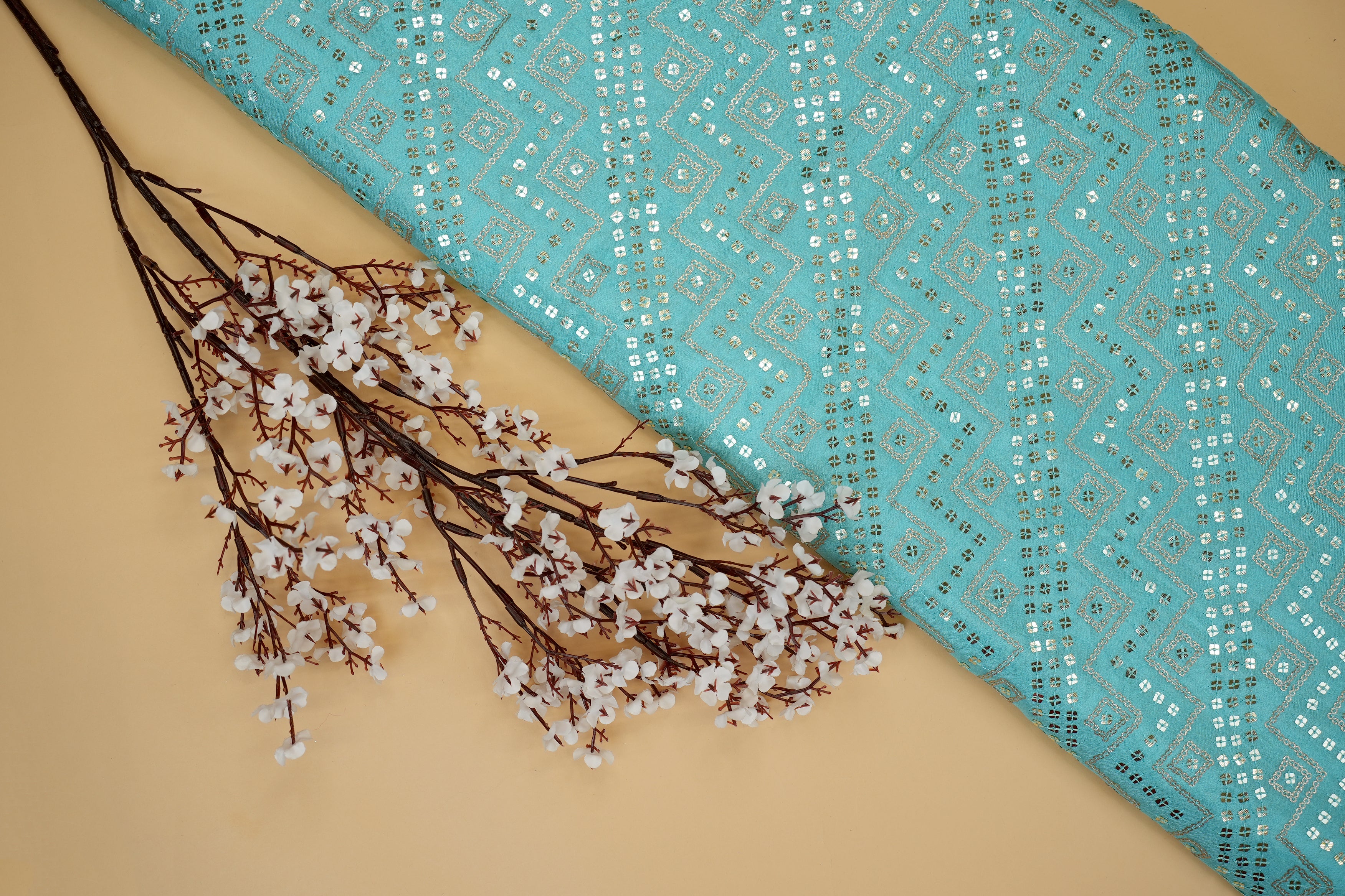 Sky Blue Chiffon with Abstract Patterns & Glitter Sequins