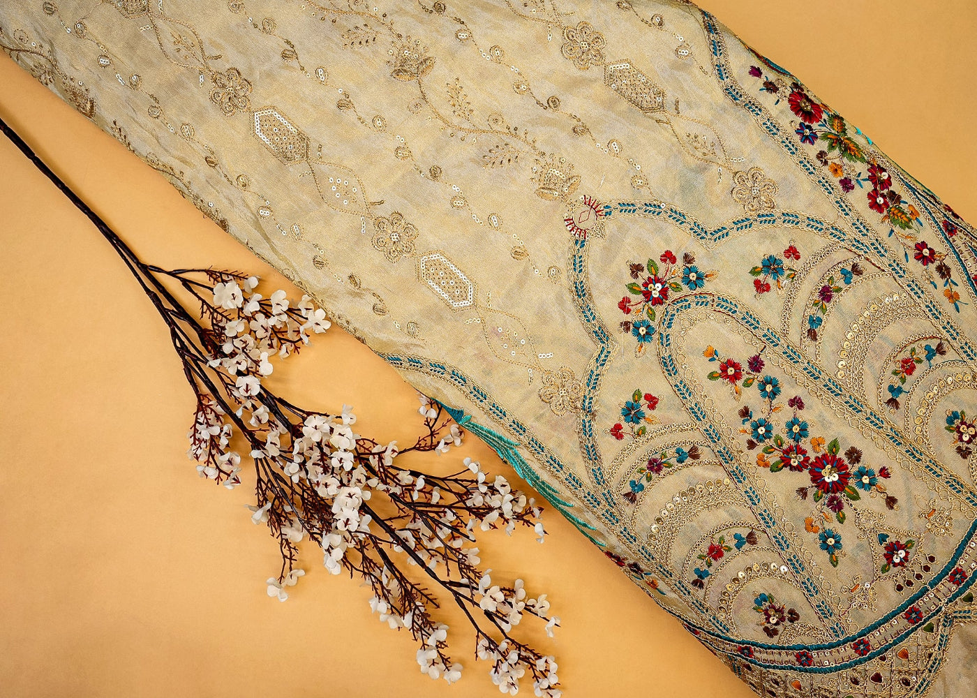 The Noor - Golden Tissue with ExcusiteZari, Sequins, and Multicolor Threadwork | 10278