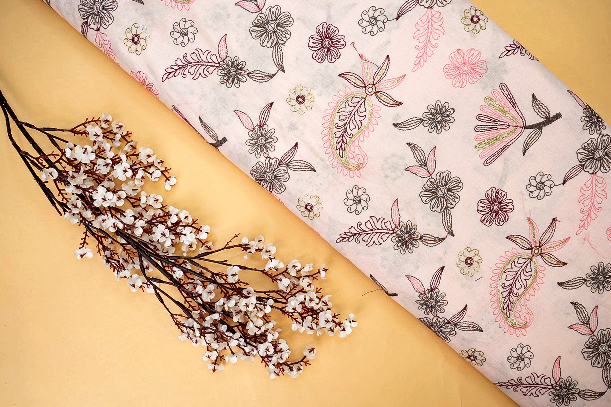 Light Pink Cotton Combo with Floral Threadwork and Sequins, Border Detailing (Fabric Length - Top: 2.5mtr; Bottom:2.5mtr)