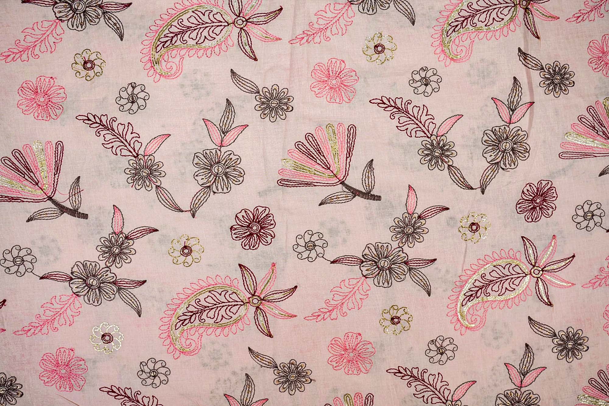 Light Pink Cotton Combo with Floral Threadwork and Sequins, Border Detailing (Fabric Length - Top: 2.5mtr; Bottom:2.5mtr)