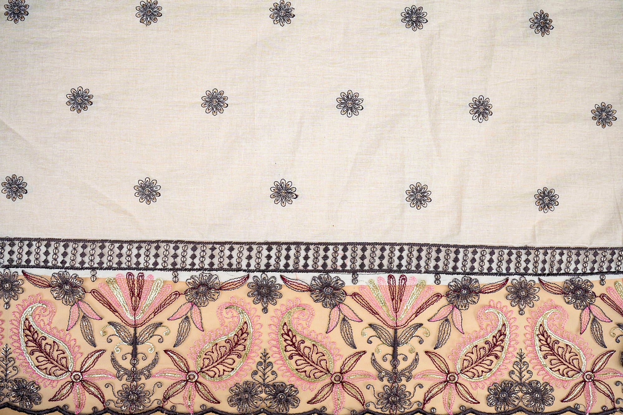 Light Pink Cotton Combo with Floral Threadwork and Sequins, Border Detailing (Fabric Length - Top: 2.5mtr; Bottom:2.5mtr)