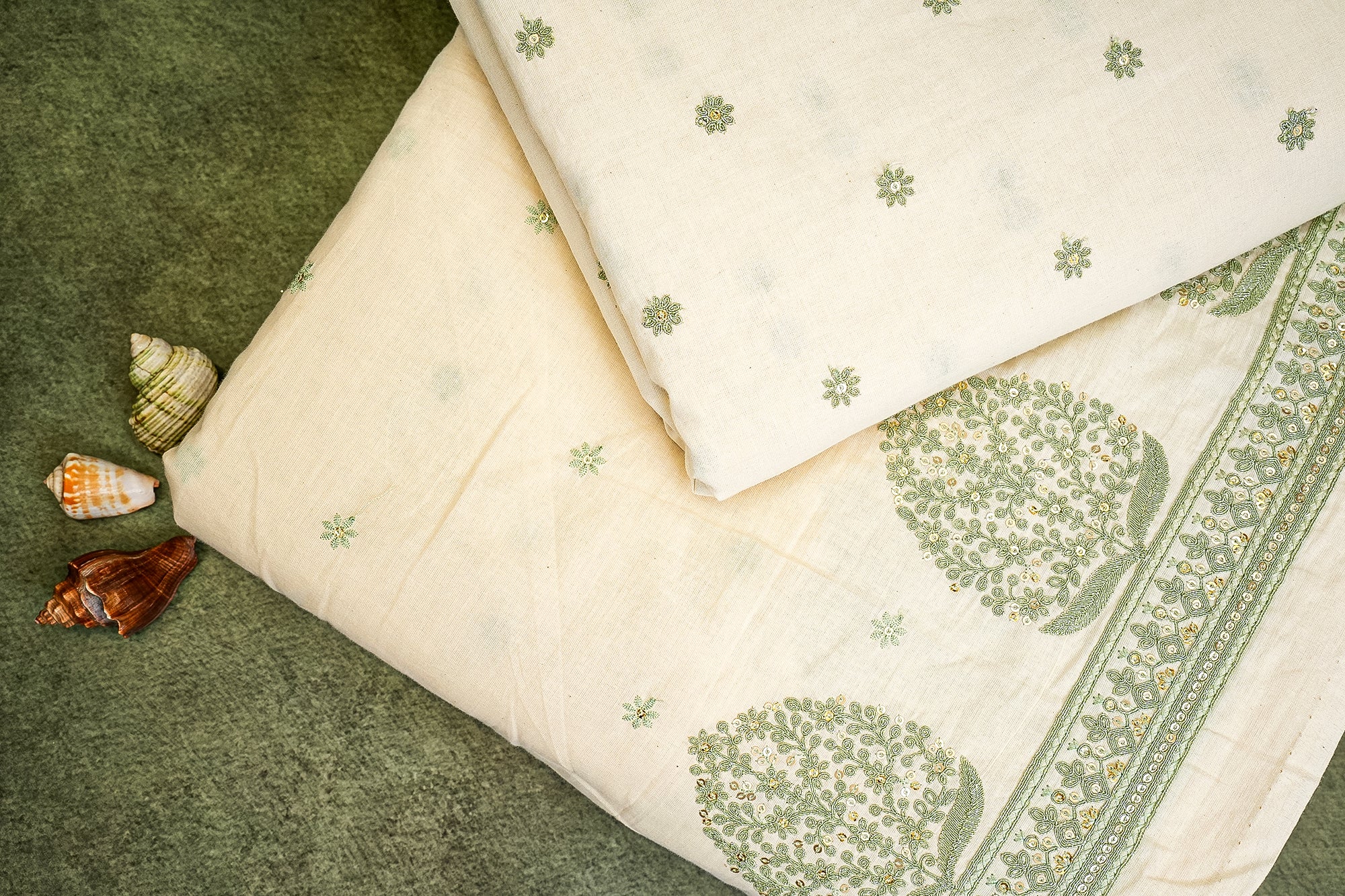 Sea Green Cotton Combo with Floral Threadwork, Sequins, and Border Detailing (Fabric Length - Top: 2.5mtr; Bottom:2.5mtr)