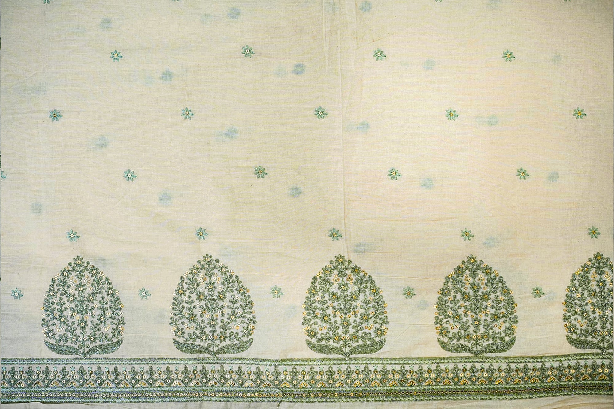 Sea Green Cotton Combo with Floral Threadwork, Sequins, and Border Detailing (Fabric Length - Top: 2.5mtr; Bottom:2.5mtr)