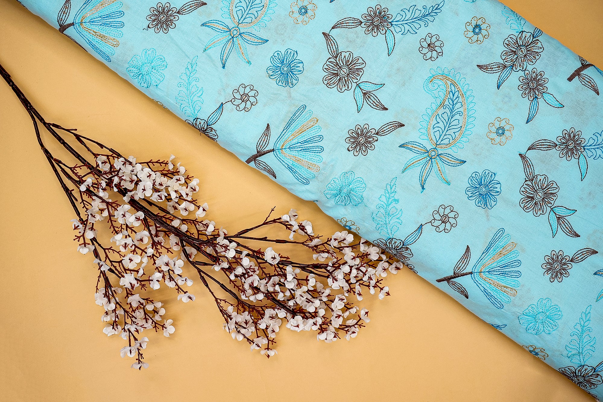 Sky Blue Floral Cotton Combo with Threadwork, Sequins, and Border Elegance  (Fabric Length - Top: 2.5mtr; Bottom:2.5mtr)