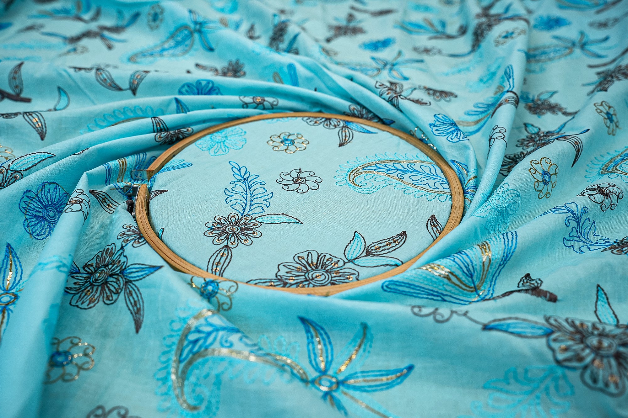 Sky Blue Floral Cotton Combo with Threadwork, Sequins, and Border Elegance  (Fabric Length - Top: 2.5mtr; Bottom:2.5mtr)