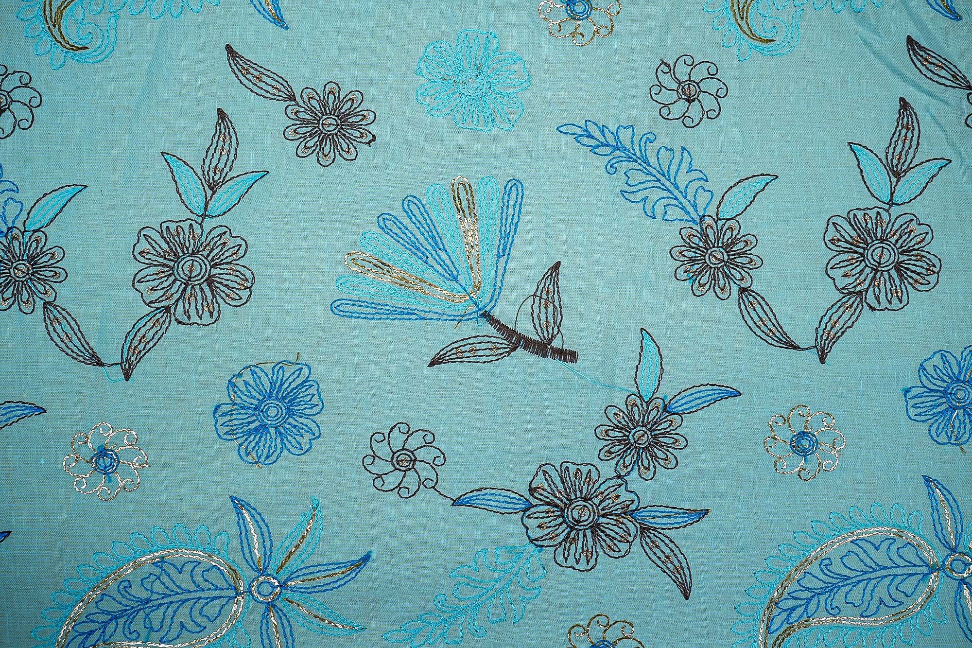 Sky Blue Floral Cotton Combo with Threadwork, Sequins, and Border Elegance  (Fabric Length - Top: 2.5mtr; Bottom:2.5mtr)