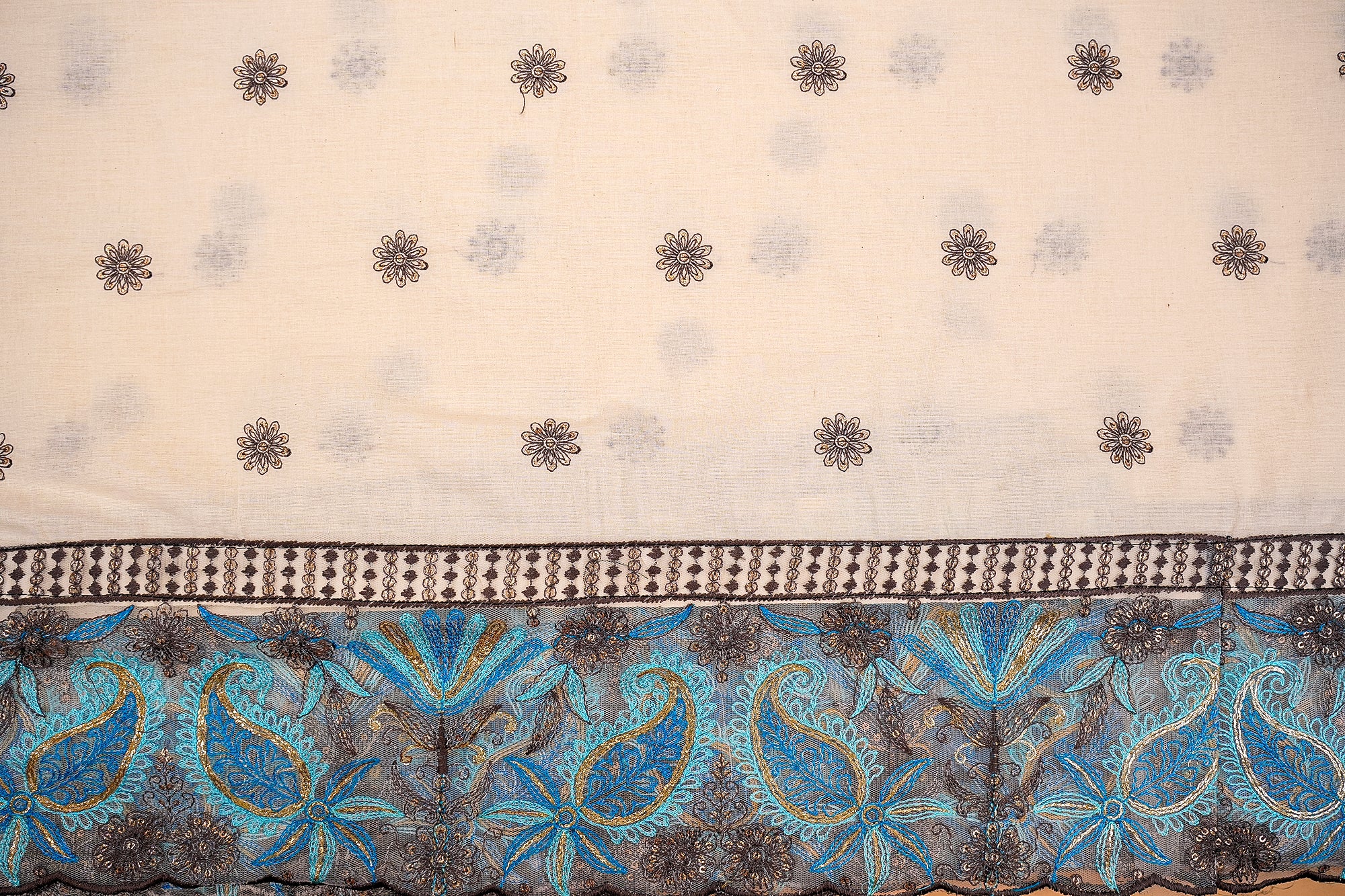 Sky Blue Floral Cotton Combo with Threadwork, Sequins, and Border Elegance  (Fabric Length - Top: 2.5mtr; Bottom:2.5mtr)