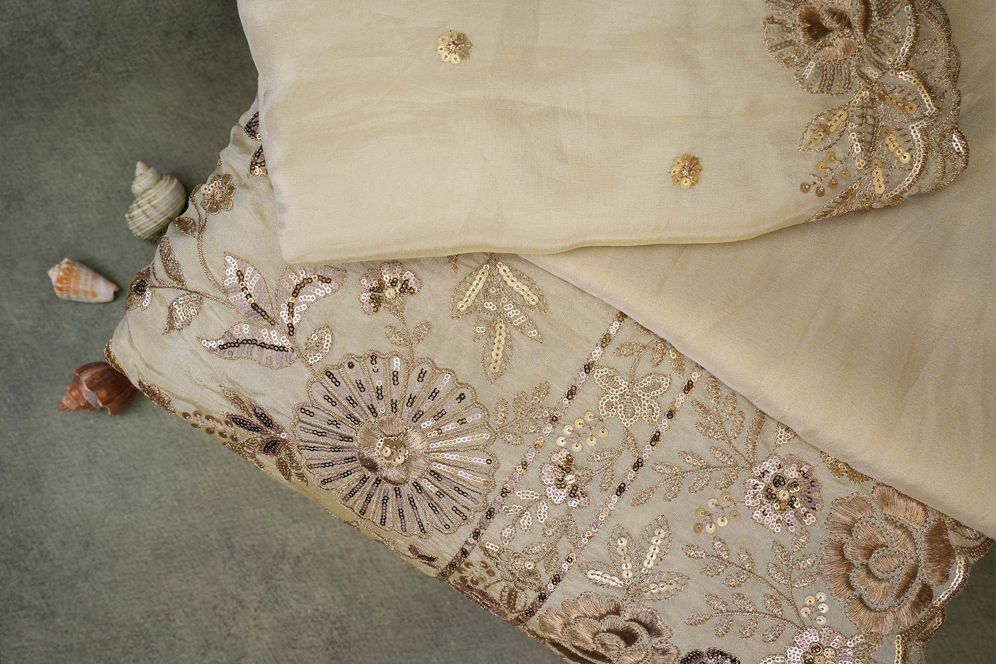 Golden Tissue Fabric Combo with Sequins, Threadwork, and Scallop Border  (Fabric Length - Top: 2.75mtr; Bottom:2.75mtr)