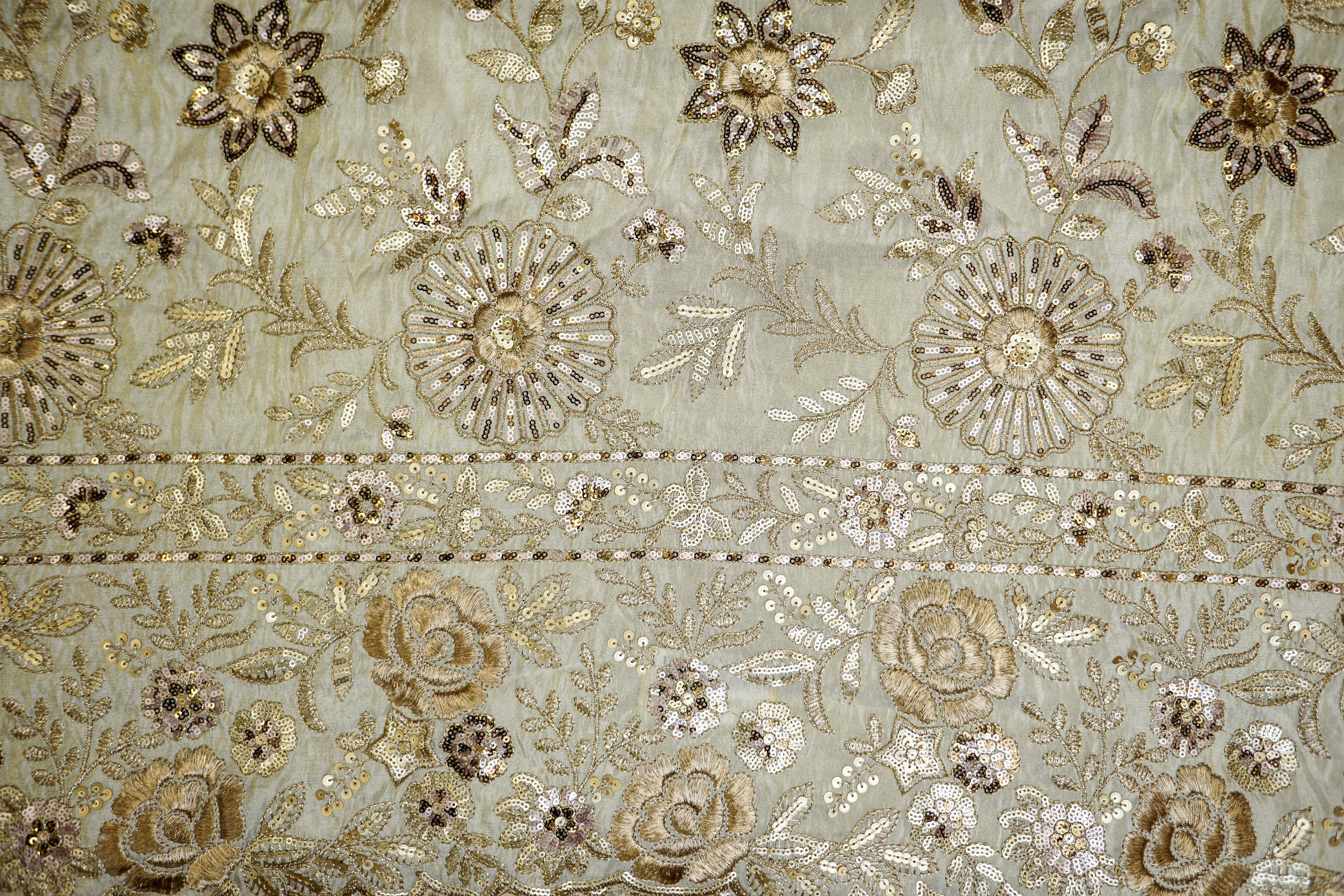 Golden Tissue Fabric Combo with Sequins, Threadwork, and Scallop Border  (Fabric Length - Top: 2.75mtr; Bottom:2.75mtr)