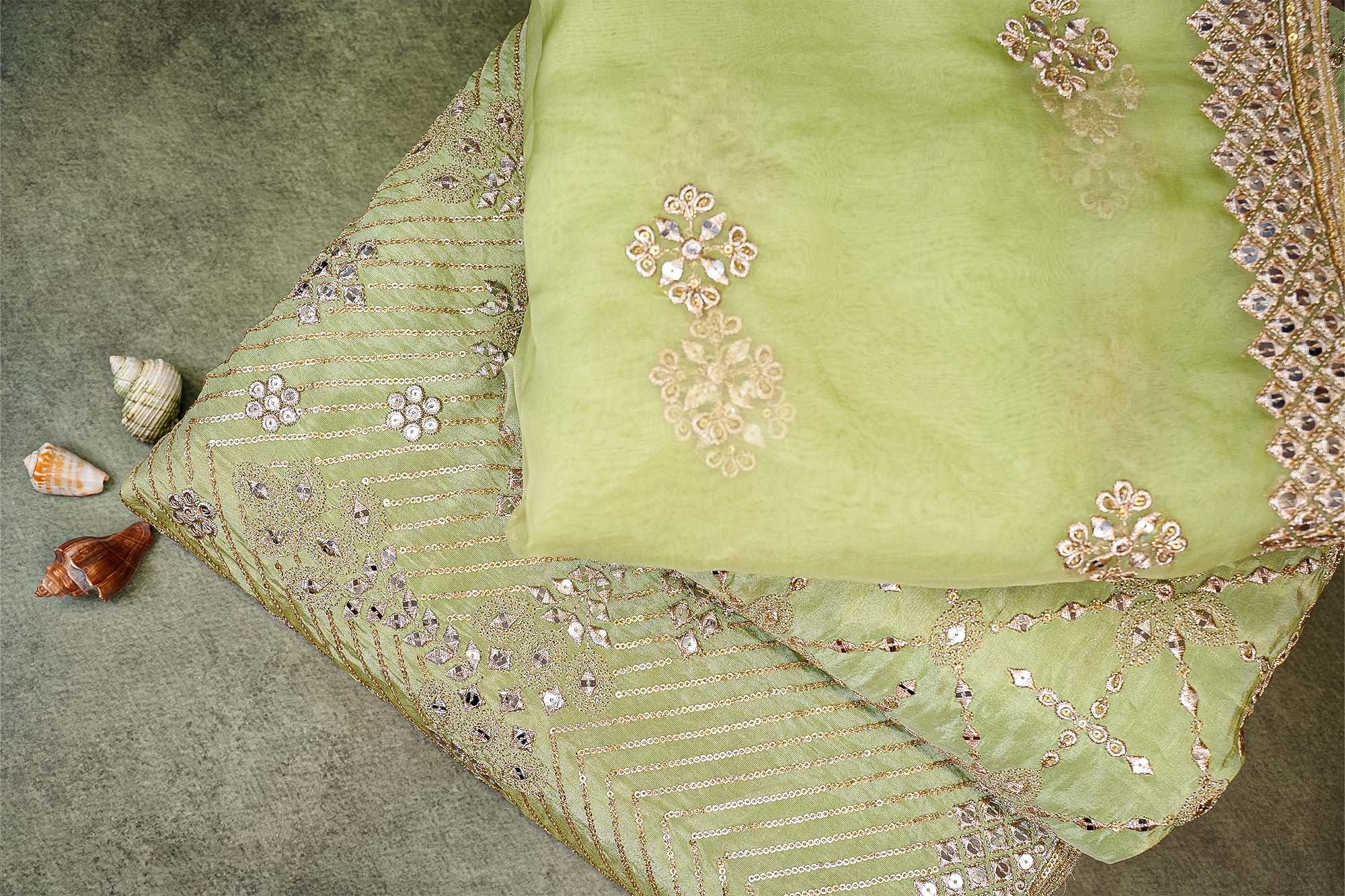 Green Tissue & Net Fabric Combo with Sequins and Zari Elegance (Fabric Length - Top: 2.5mtr; Bottom:2.5mtr; Dupatta:2.5mtr)