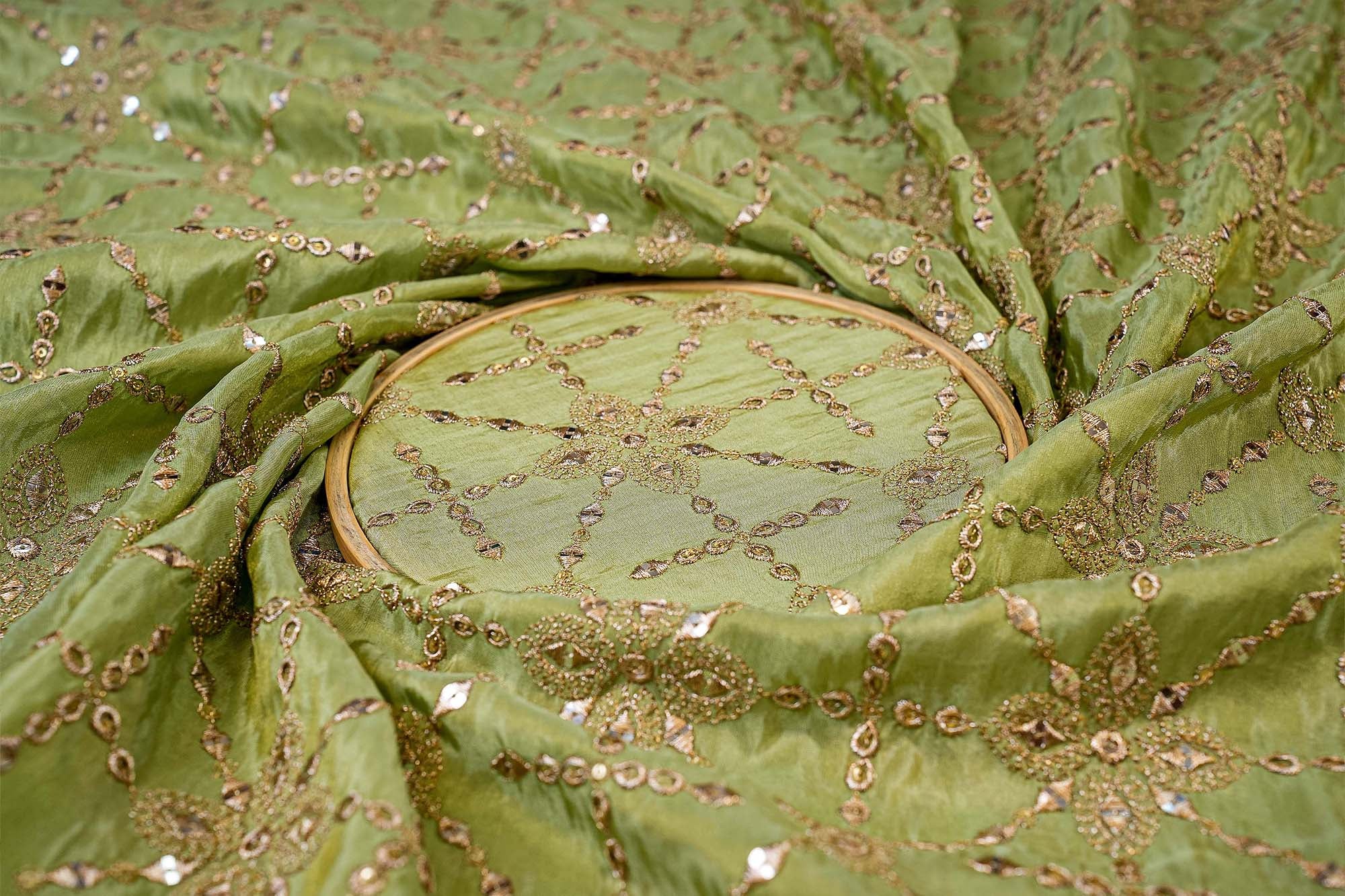 Green Tissue & Net Fabric Combo with Sequins and Zari Elegance (Fabric Length - Top: 2.5mtr; Bottom:2.5mtr; Dupatta:2.5mtr)