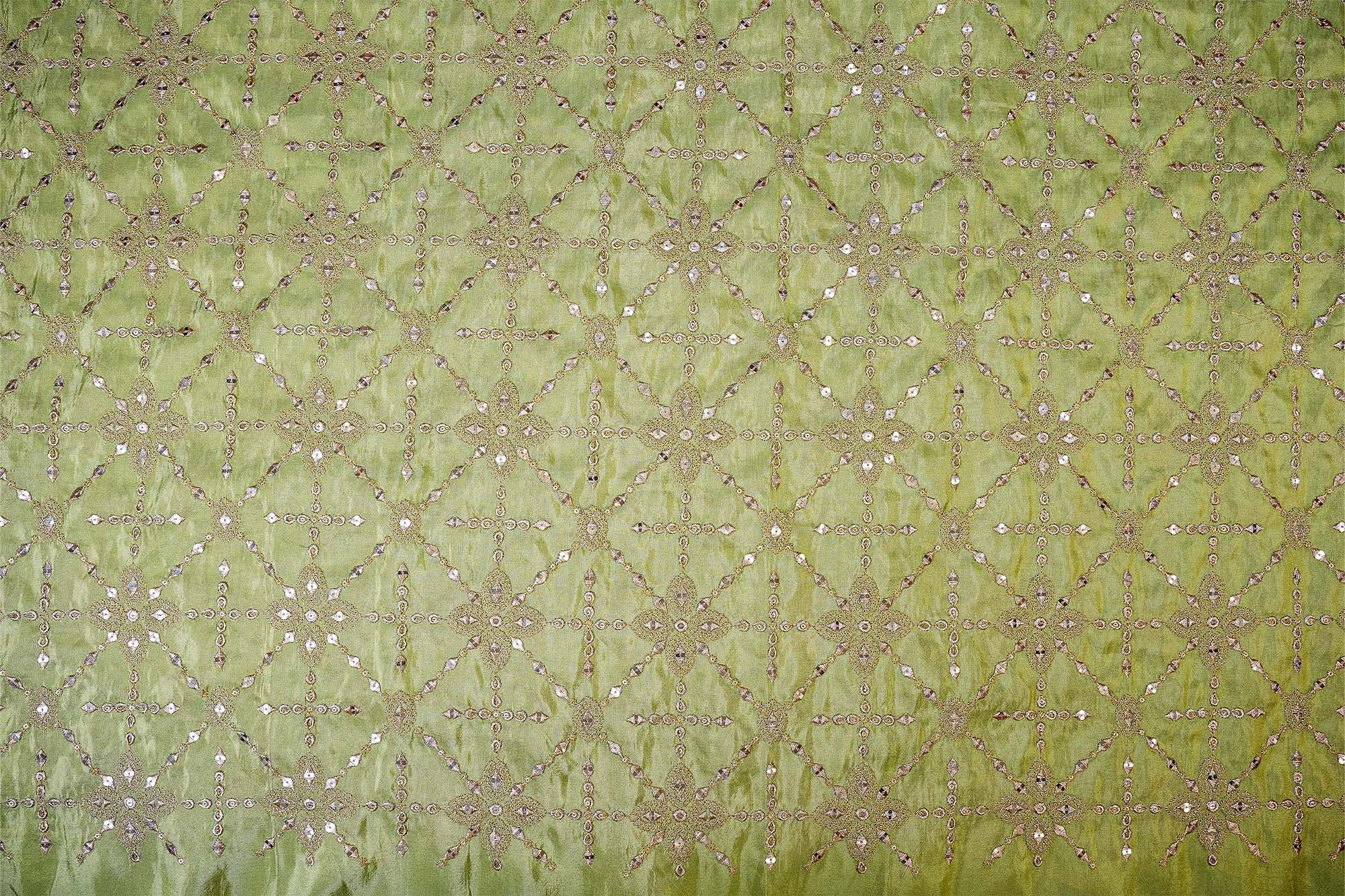 Green Tissue & Net Fabric Combo with Sequins and Zari Elegance (Fabric Length - Top: 2.5mtr; Bottom:2.5mtr; Dupatta:2.5mtr)