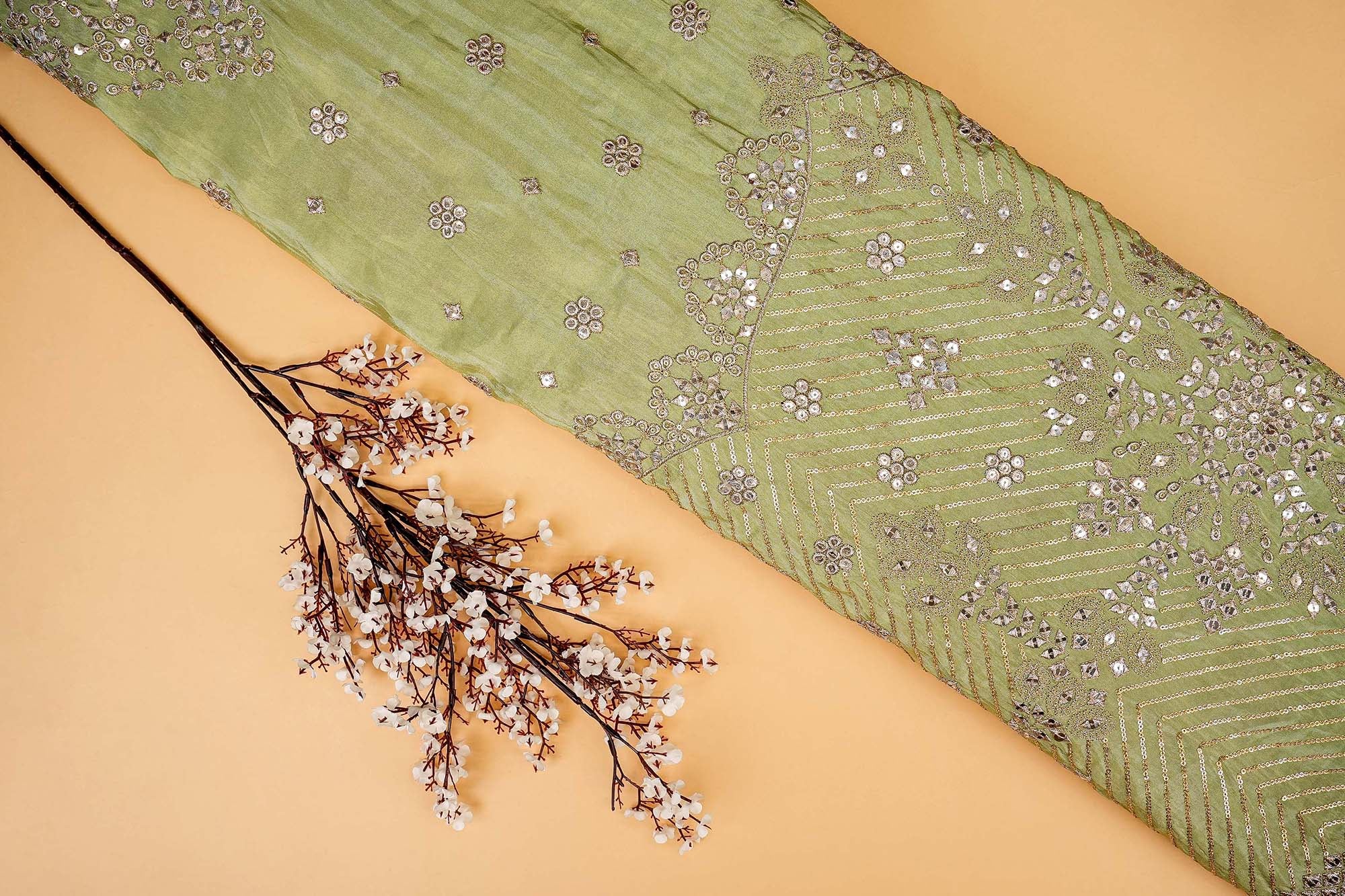 Green Tissue & Net Fabric Combo with Sequins and Zari Elegance (Fabric Length - Top: 2.5mtr; Bottom:2.5mtr; Dupatta:2.5mtr)