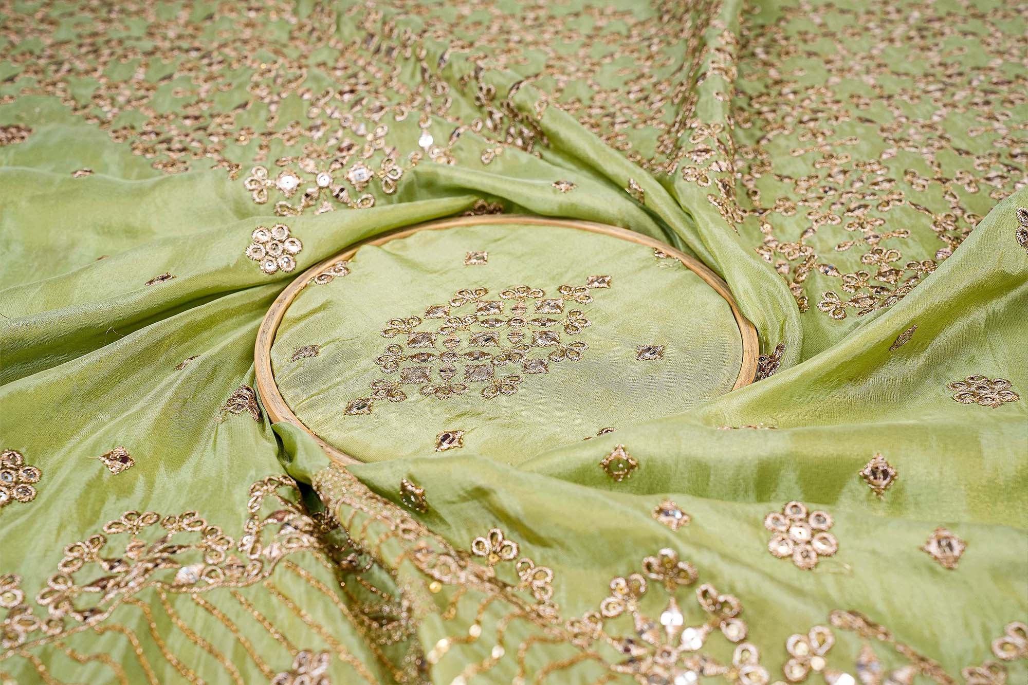 Green Tissue & Net Fabric Combo with Sequins and Zari Elegance (Fabric Length - Top: 2.5mtr; Bottom:2.5mtr; Dupatta:2.5mtr)