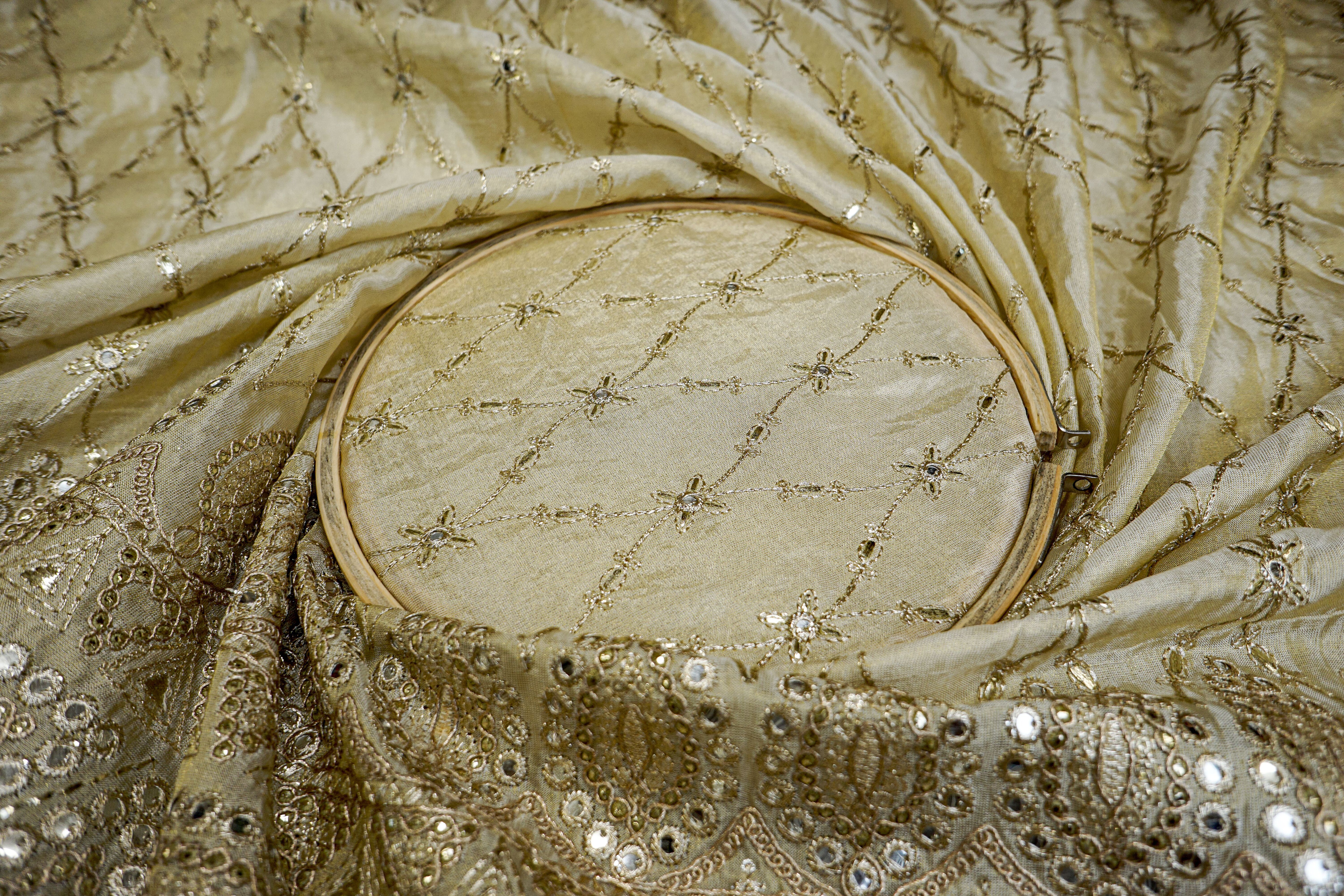 Golden Embroidered and Tissue Fabric Combo with Zari & Mirror Elegance  (Fabric Length - Top: 2.75mtr; Dupatta:2.5mtr)