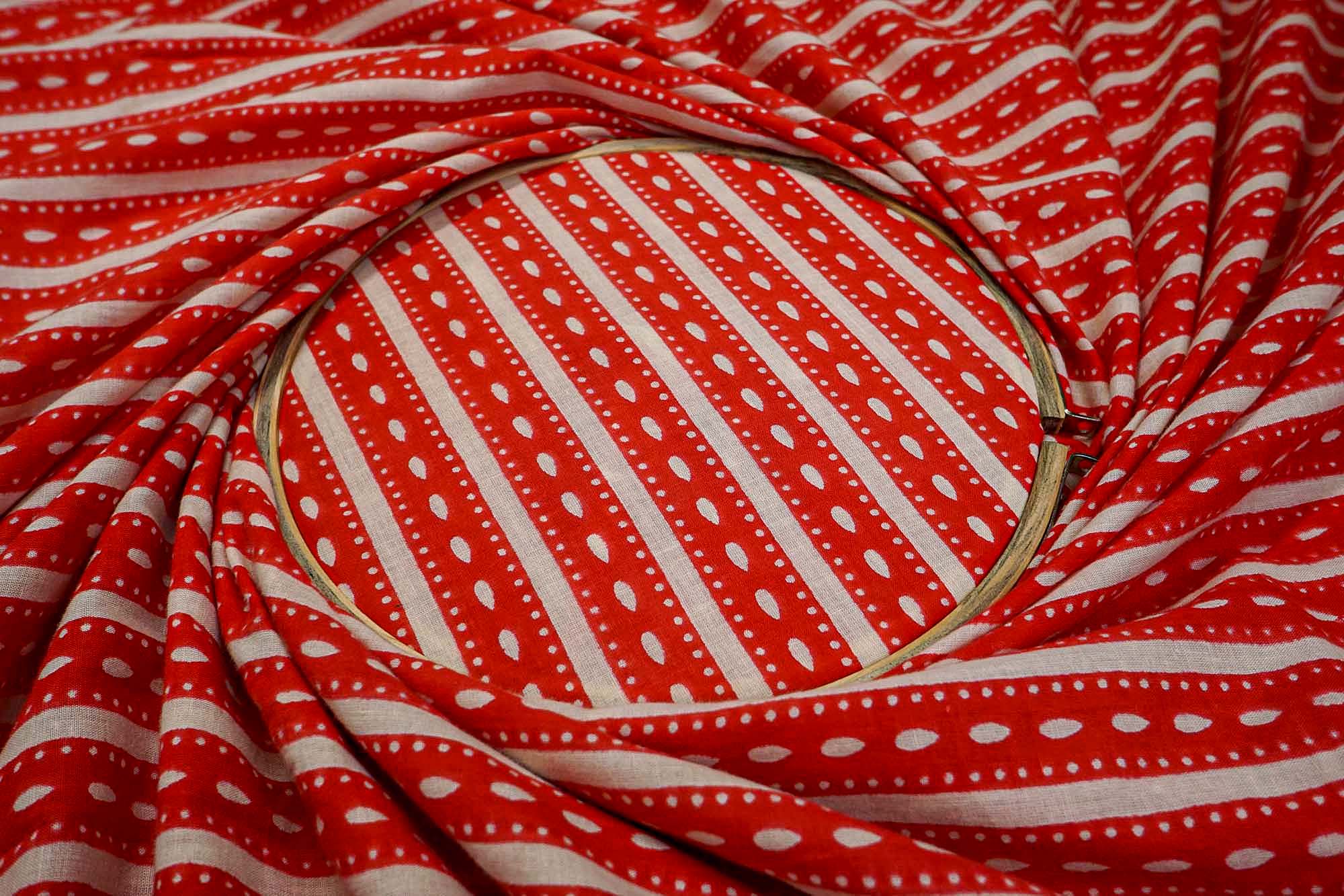 Red Cotton Fabric Combo: Floral Charm & Trendy Stripes Design  (Fabric Length - Top: 2.5mtr; Bottom:2.5mtr)