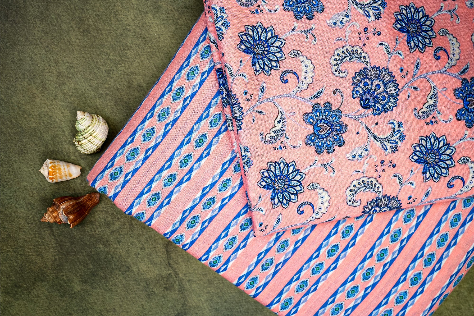 Peach Cotton Fabric Duo: Blue Floral Charm & Casual Stripes  (Fabric Length - Top: 2.5mtr; Bottom:2.5mtr)