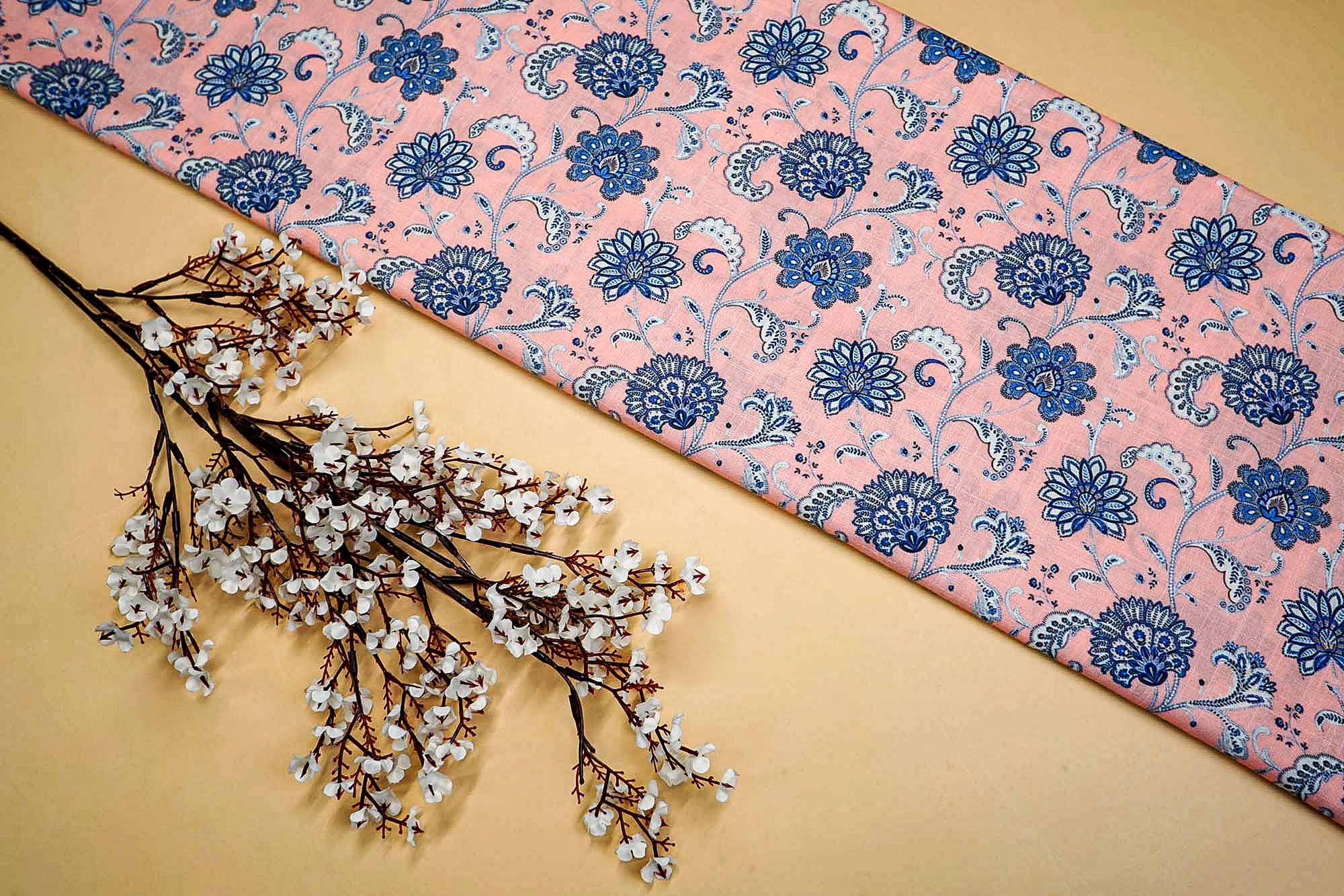 Peach Cotton Fabric Duo: Blue Floral Charm & Casual Stripes  (Fabric Length - Top: 2.5mtr; Bottom:2.5mtr)