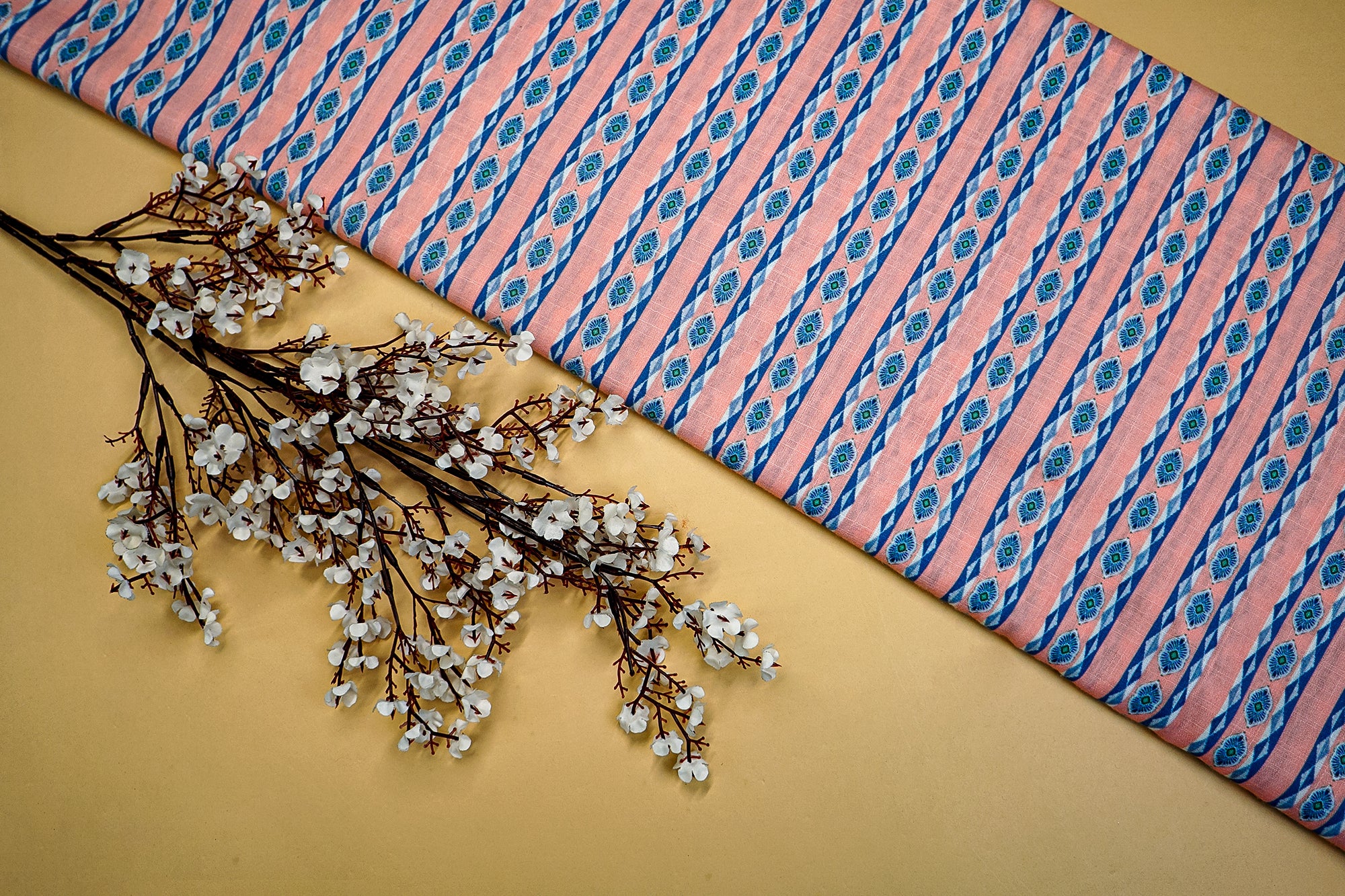 Peach Cotton Fabric Duo: Blue Floral Charm & Casual Stripes  (Fabric Length - Top: 2.5mtr; Bottom:2.5mtr)