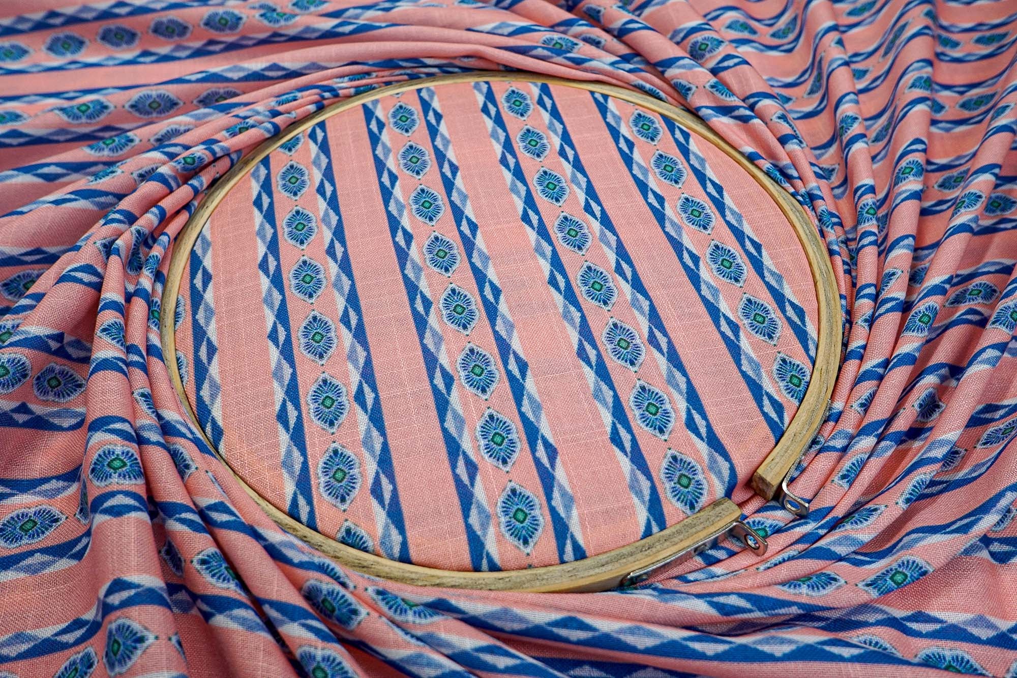 Peach Cotton Fabric Duo: Blue Floral Charm & Casual Stripes  (Fabric Length - Top: 2.5mtr; Bottom:2.5mtr)