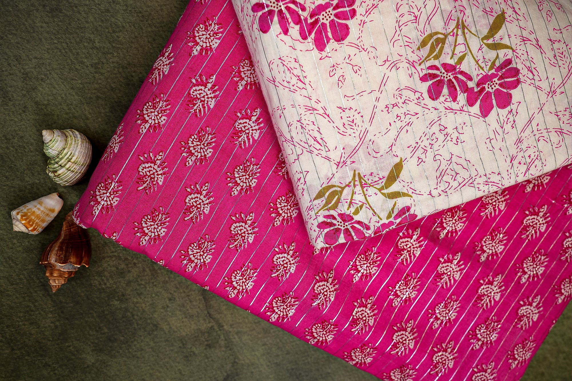 Charming Combo White Cotton with Pink Florals & Casual Design  (Fabric Length - Top: 2.5mtr; Bottom:2.5mtr)