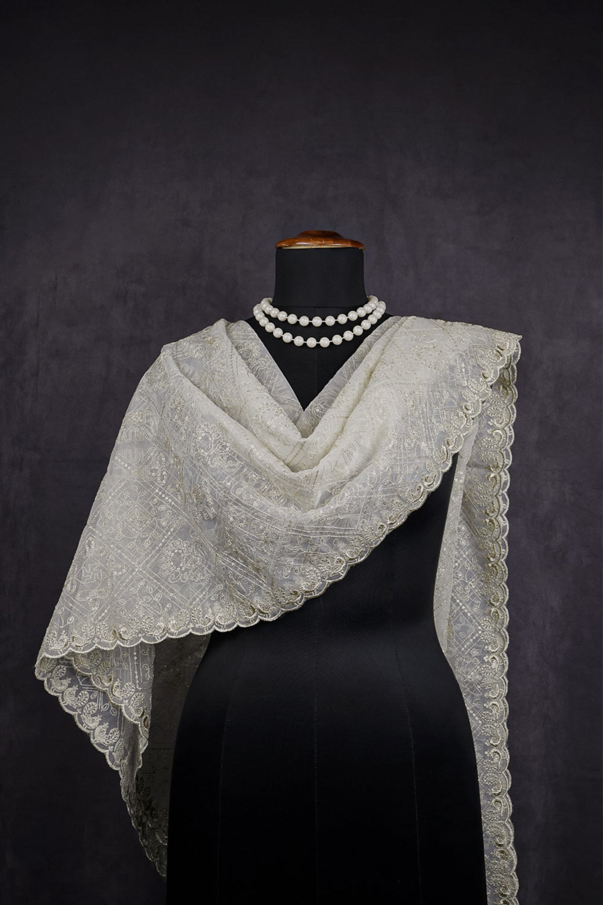 White Dyeable Organza Dupatta With All Over Zari And Sequins Work 10322