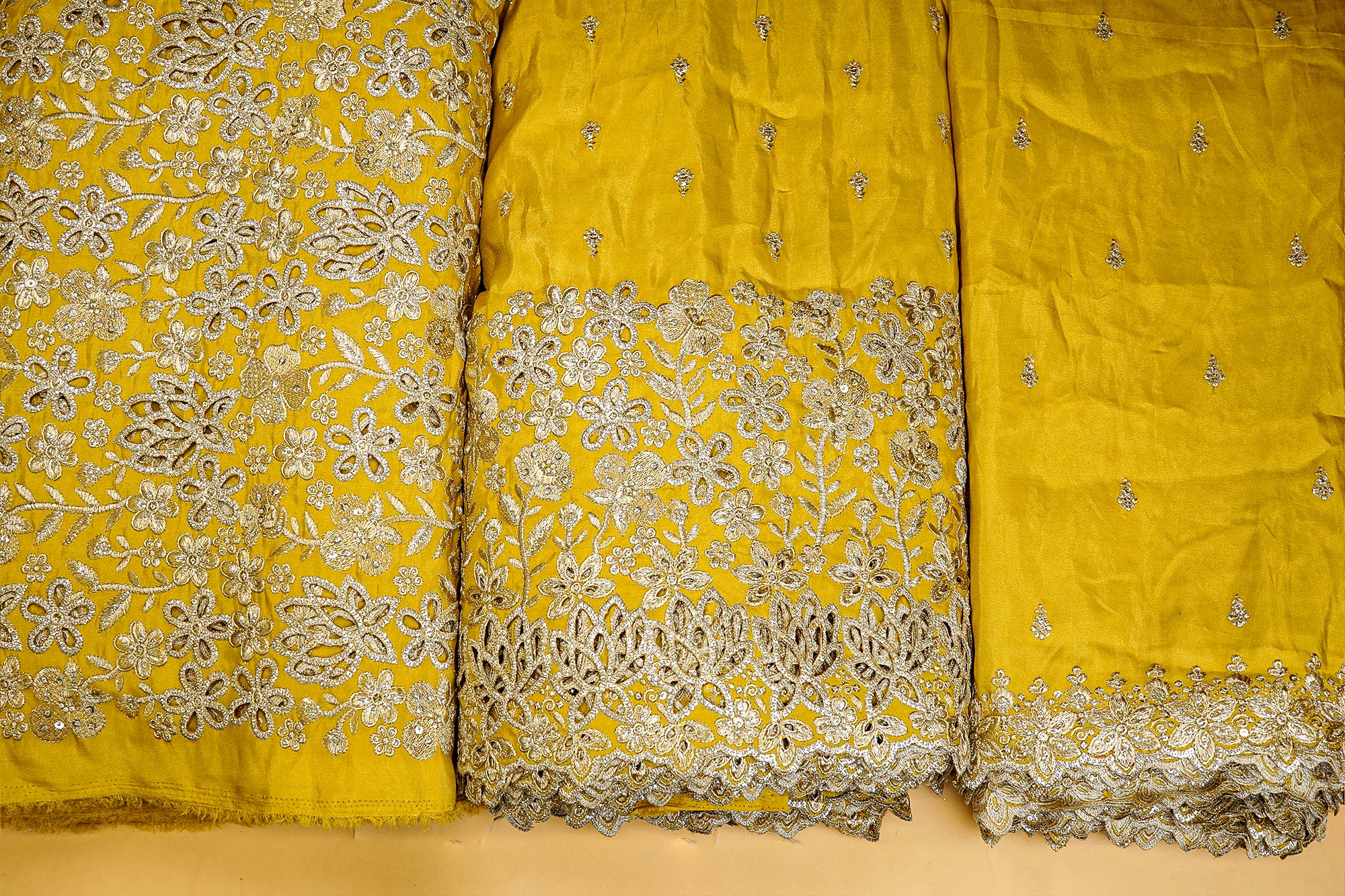 Mustard Tissue Lehenga Combo with Zari, Sequins, and Cutwork Elegance (Fabric Length - Top: 1mtr; Bottom:5.5mtr; Dupatta: 2.5mtr)