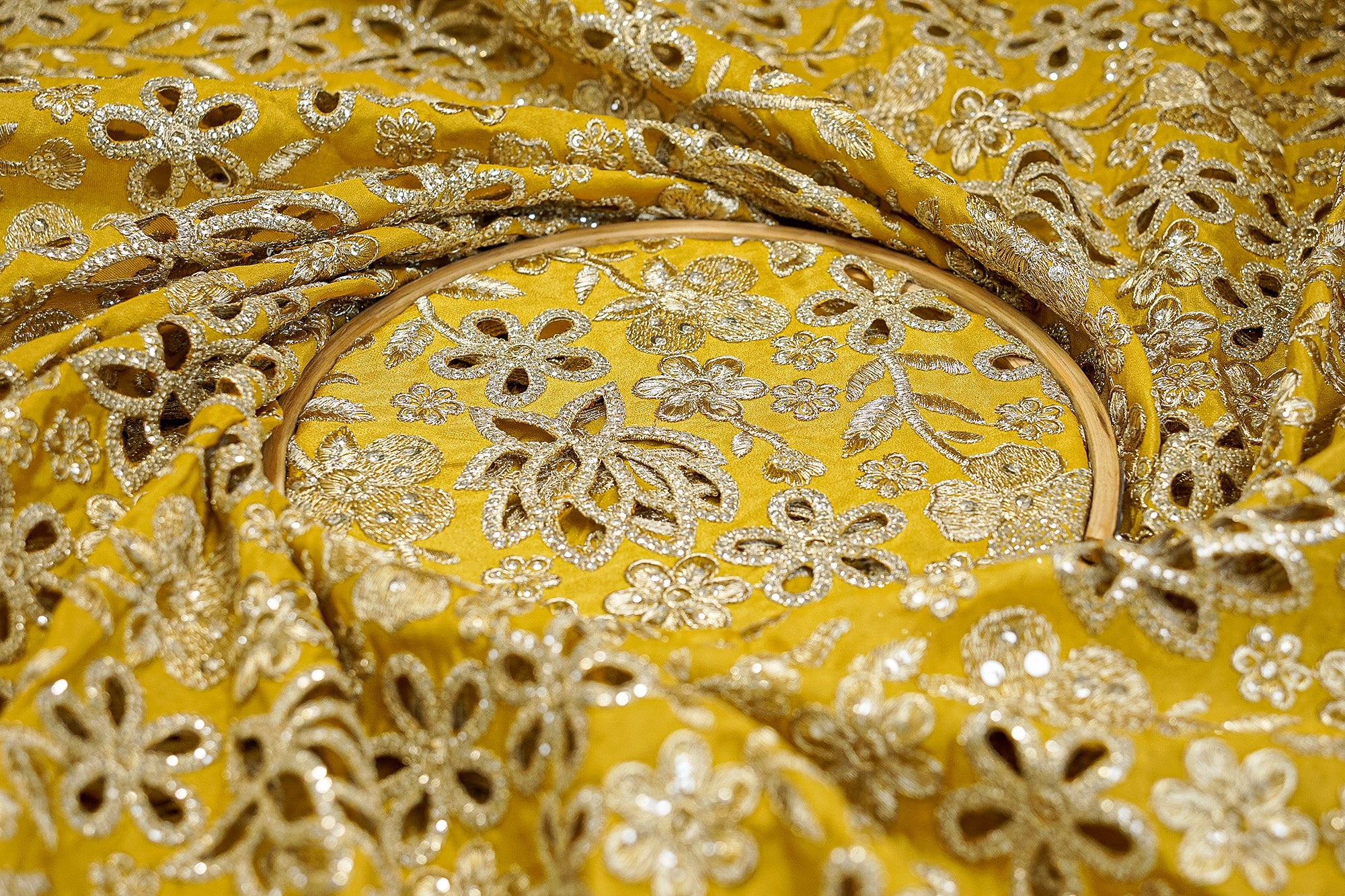 Mustard Tissue Lehenga Combo with Zari, Sequins, and Cutwork Elegance (Fabric Length - Top: 1mtr; Bottom:5.5mtr; Dupatta: 2.5mtr)