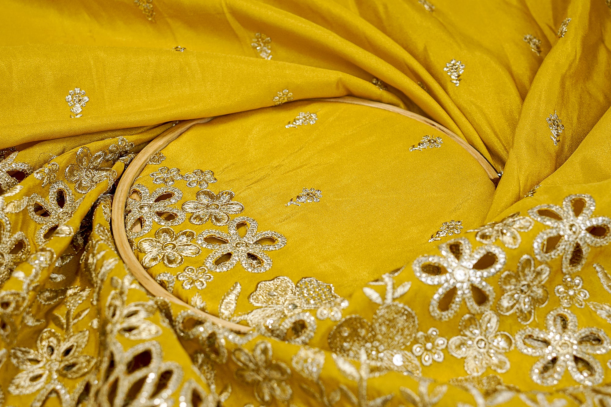 Mustard Tissue Lehenga Combo with Zari, Sequins, and Cutwork Elegance (Fabric Length - Top: 1mtr; Bottom:5.5mtr; Dupatta: 2.5mtr)