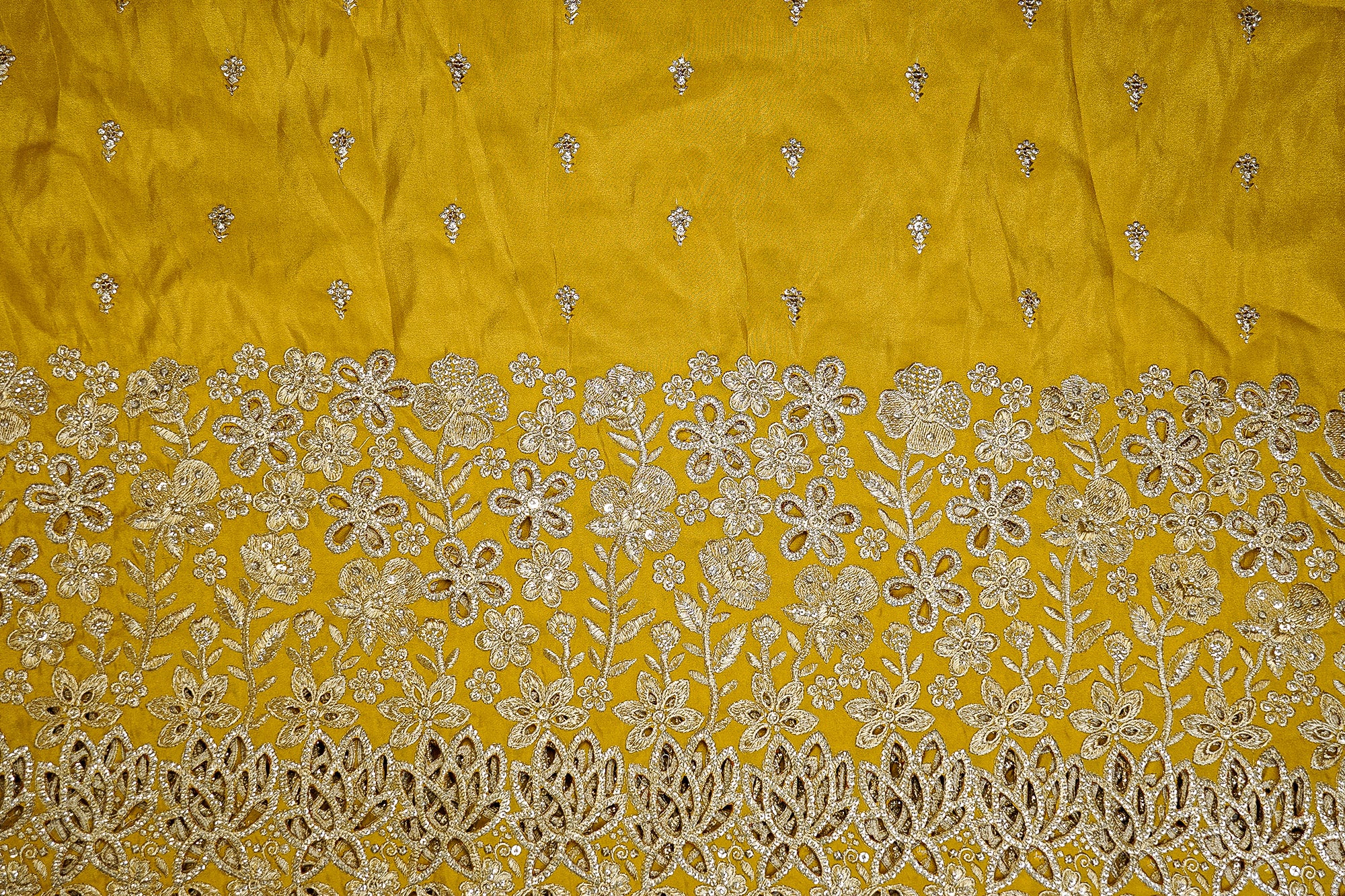 Mustard Tissue Lehenga Combo with Zari, Sequins, and Cutwork Elegance (Fabric Length - Top: 1mtr; Bottom:5.5mtr; Dupatta: 2.5mtr)