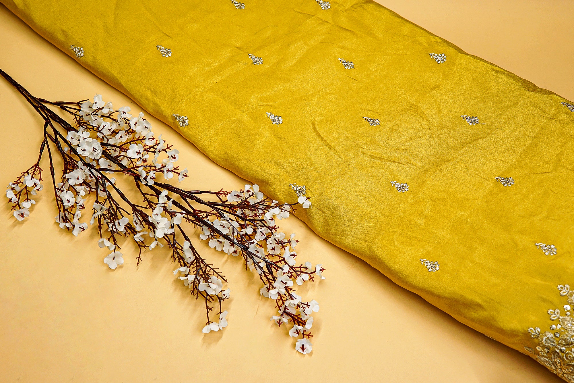 Mustard Tissue Lehenga Combo with Zari, Sequins, and Cutwork Elegance (Fabric Length - Top: 1mtr; Bottom:5.5mtr; Dupatta: 2.5mtr)