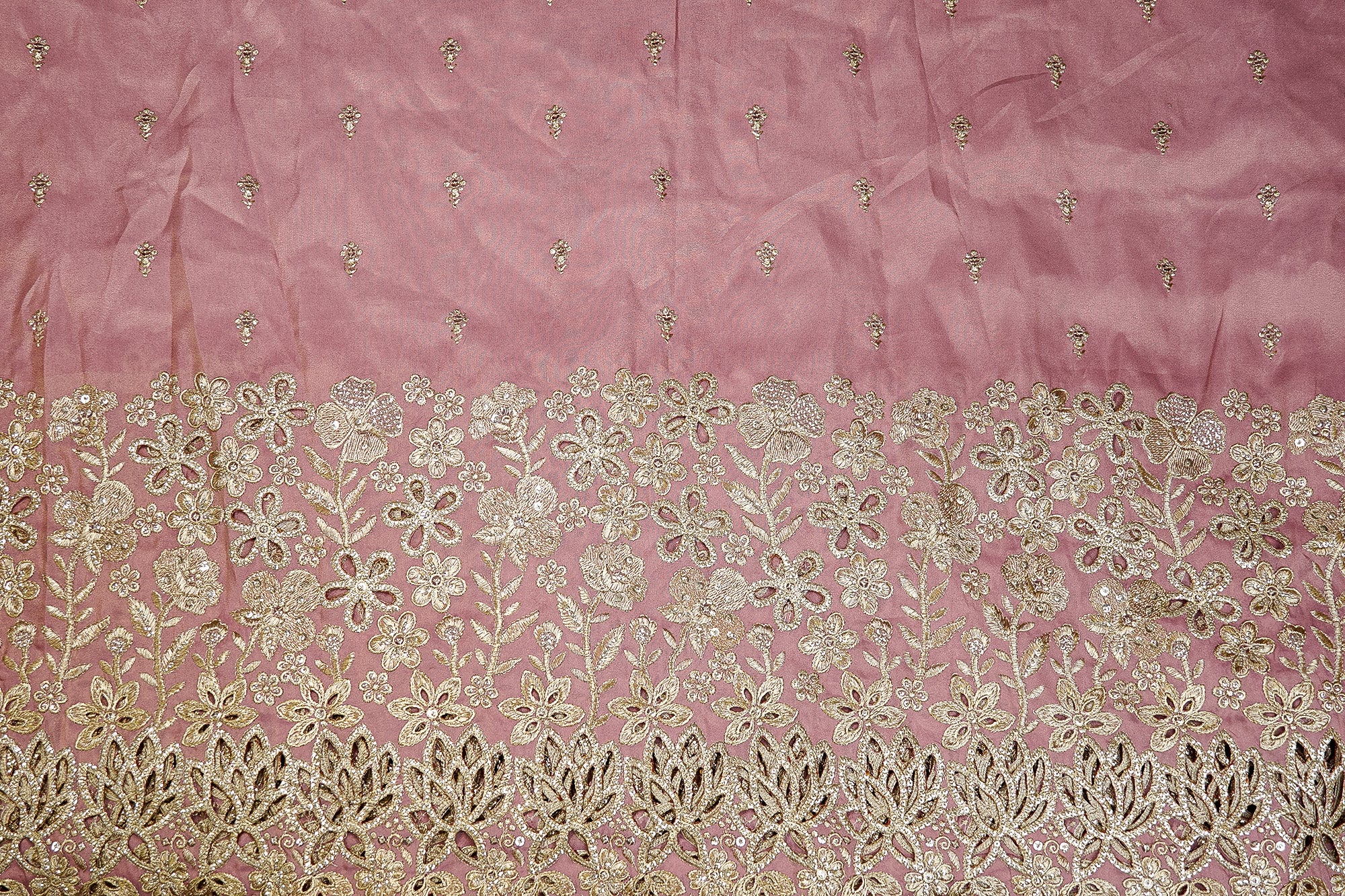 Onion Tissue Lehenga Combo with Zari, Sequins, and Cutwork Elegance (Fabric Length - Top: 1mtr; Bottom: 5.5mtr; Dupatta: 2.5mtr)