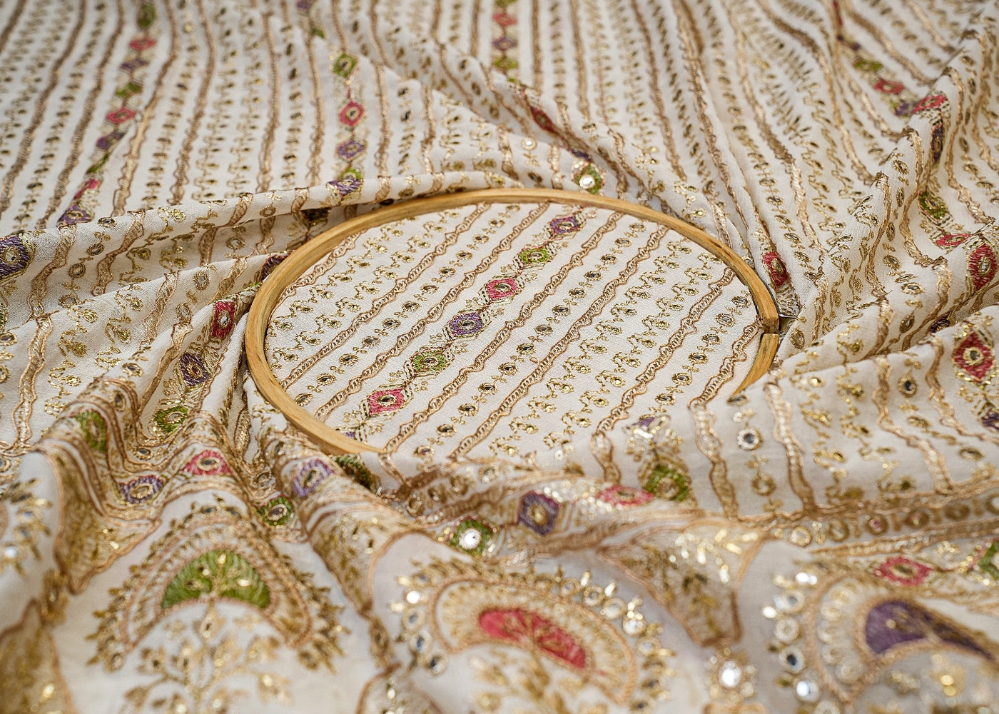 The Noor - White Georgette White with Multicolor Threads and Faux Mirror Embellishments | 10355