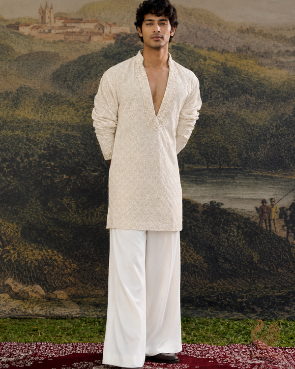 Dyeable Georgette White with Thread work and Faux Mirror Embellishments