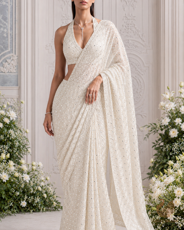 Dyeable Georgette White with Thread work and Faux Mirror Embellishments