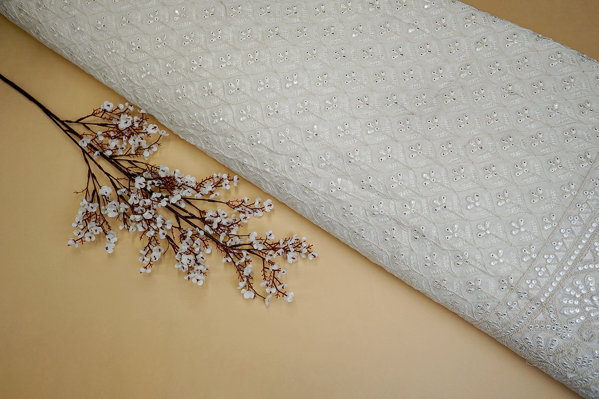 White Georgette with Thread work and Faux Mirror Embellishments-Paras Gallery Fabrics