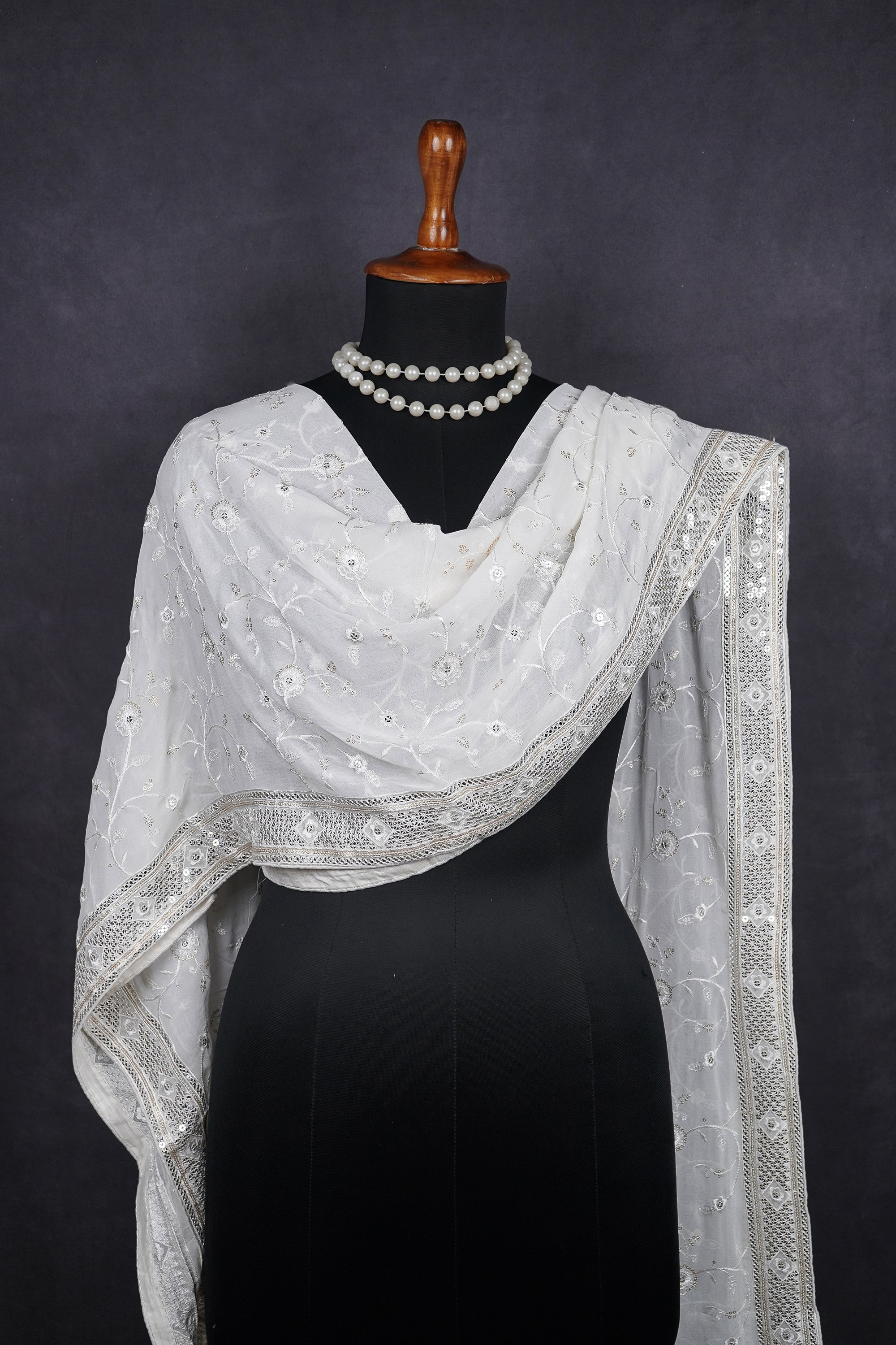 White Dyeable Georgette Dupatta With All Over Thread And Sequins Work 10466