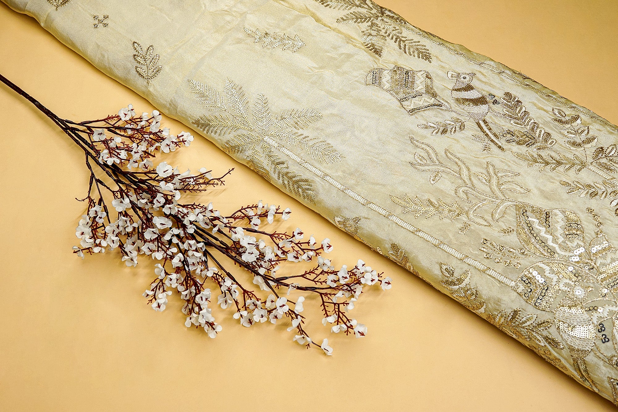 Golden Tissue Fabric With Multicolor Threadwork, Sequins And Zari Elegance