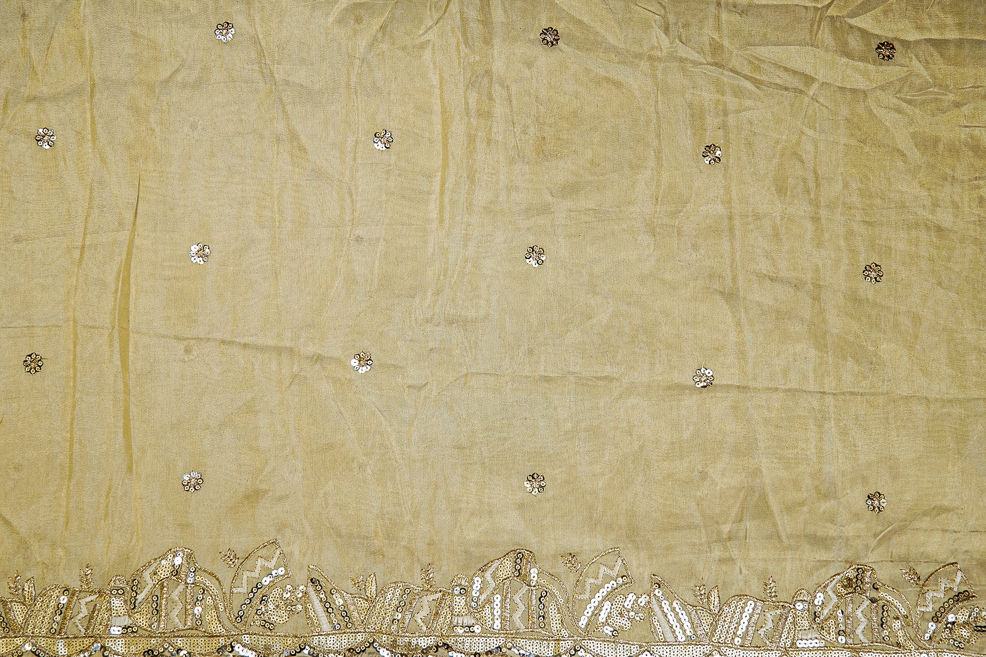 Golden Tissue Fabric With Multicolor Threadwork, Sequins And Zari Elegance