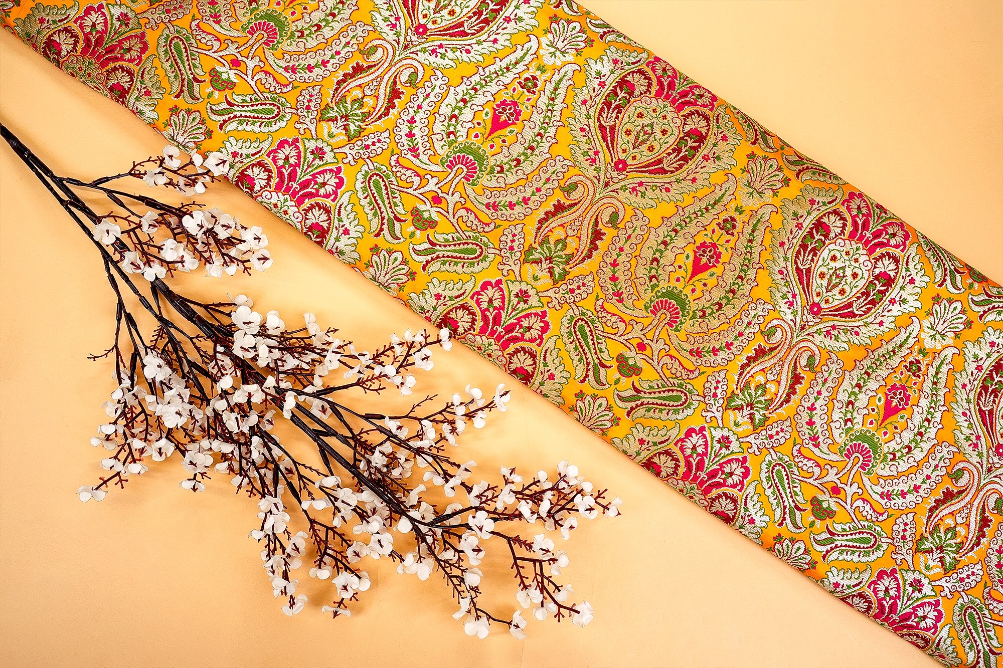 Yellow Banarasi Brocade with Beautiful Traditional Print